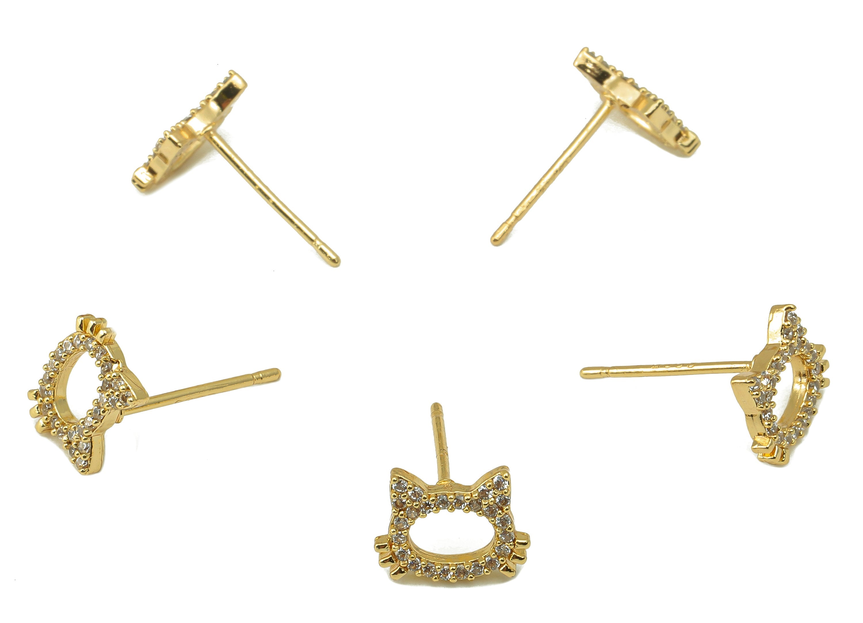 Brass Carved Cat Earring Post - Gold Cubic Zirconia Cat Earring Stud -CZ Animal Stud-18k real gold-plated brass- 9x7x2mm- RGP6147 - DOMEDBAZAAR