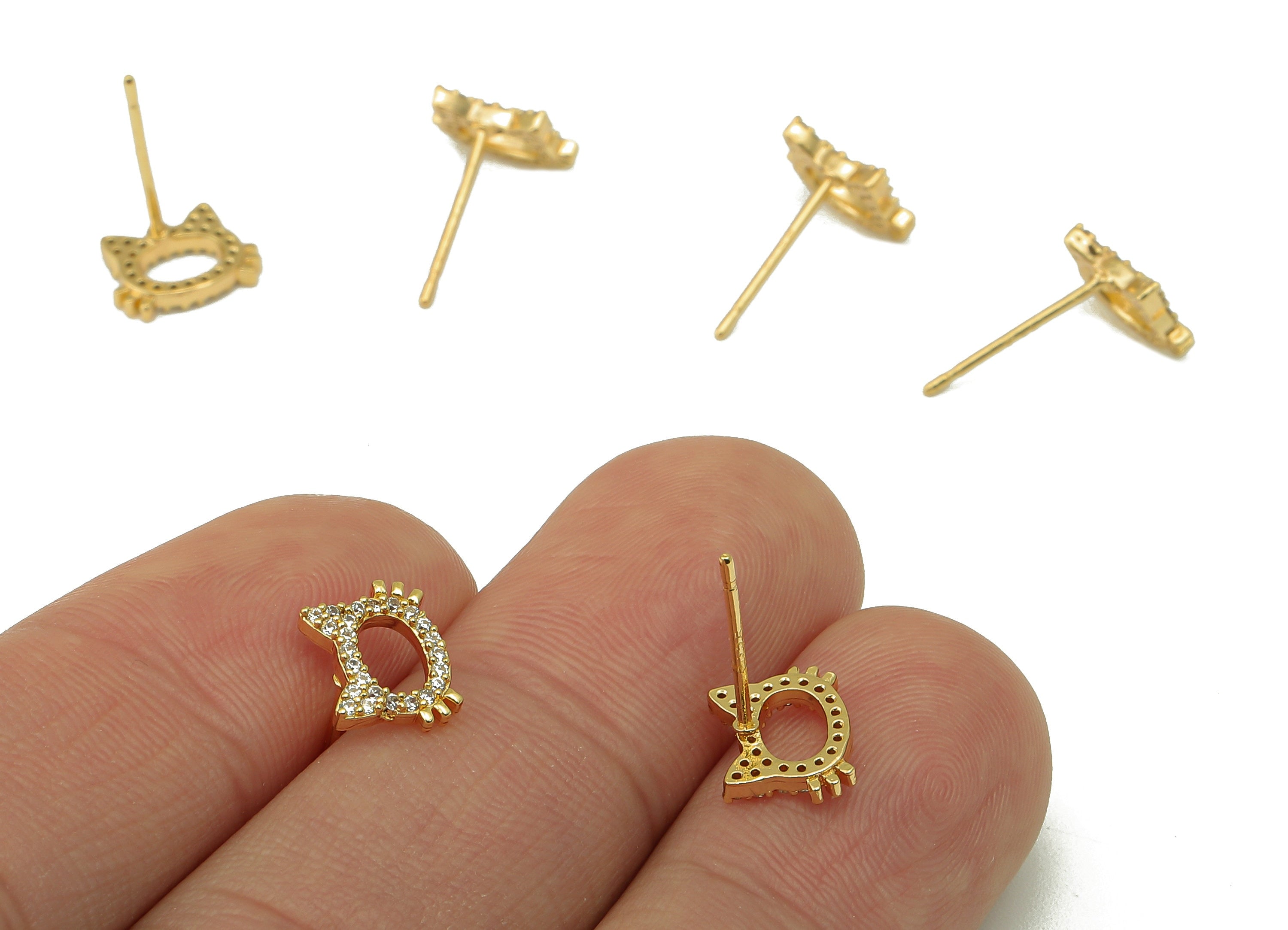 Brass Carved Cat Earring Post - Gold Cubic Zirconia Cat Earring Stud -CZ Animal Stud-18k real gold-plated brass- 9x7x2mm- RGP6147 - DOMEDBAZAAR