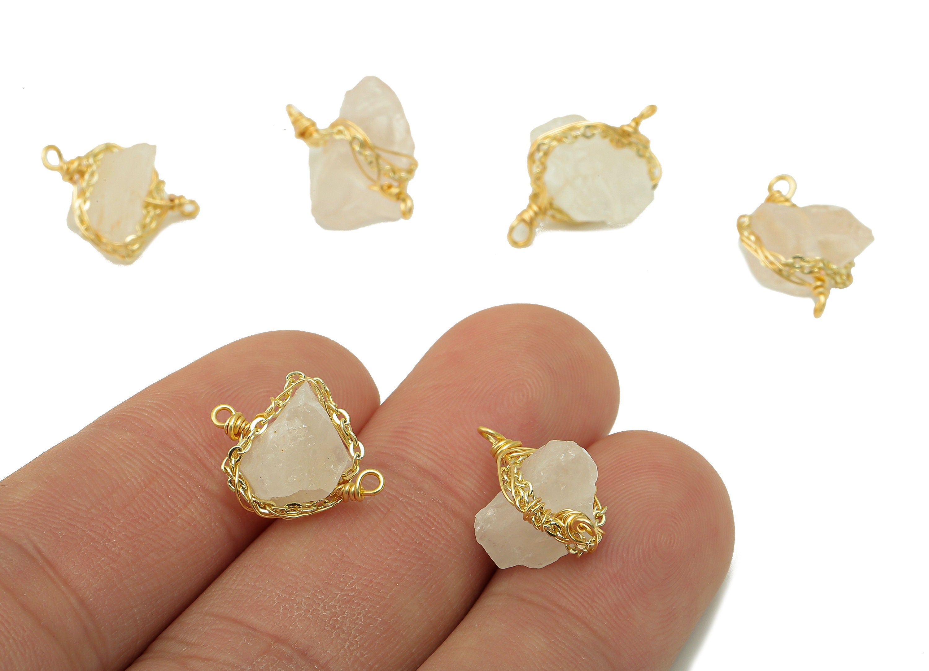 Rose Quartz Earring Charms - Brass Wire Wrapped Pendant - Crystal Healing - Natural Stone Connector - Gold Tone Plated -12x11.8x5mm-NS1893A - DOMEDBAZAAR