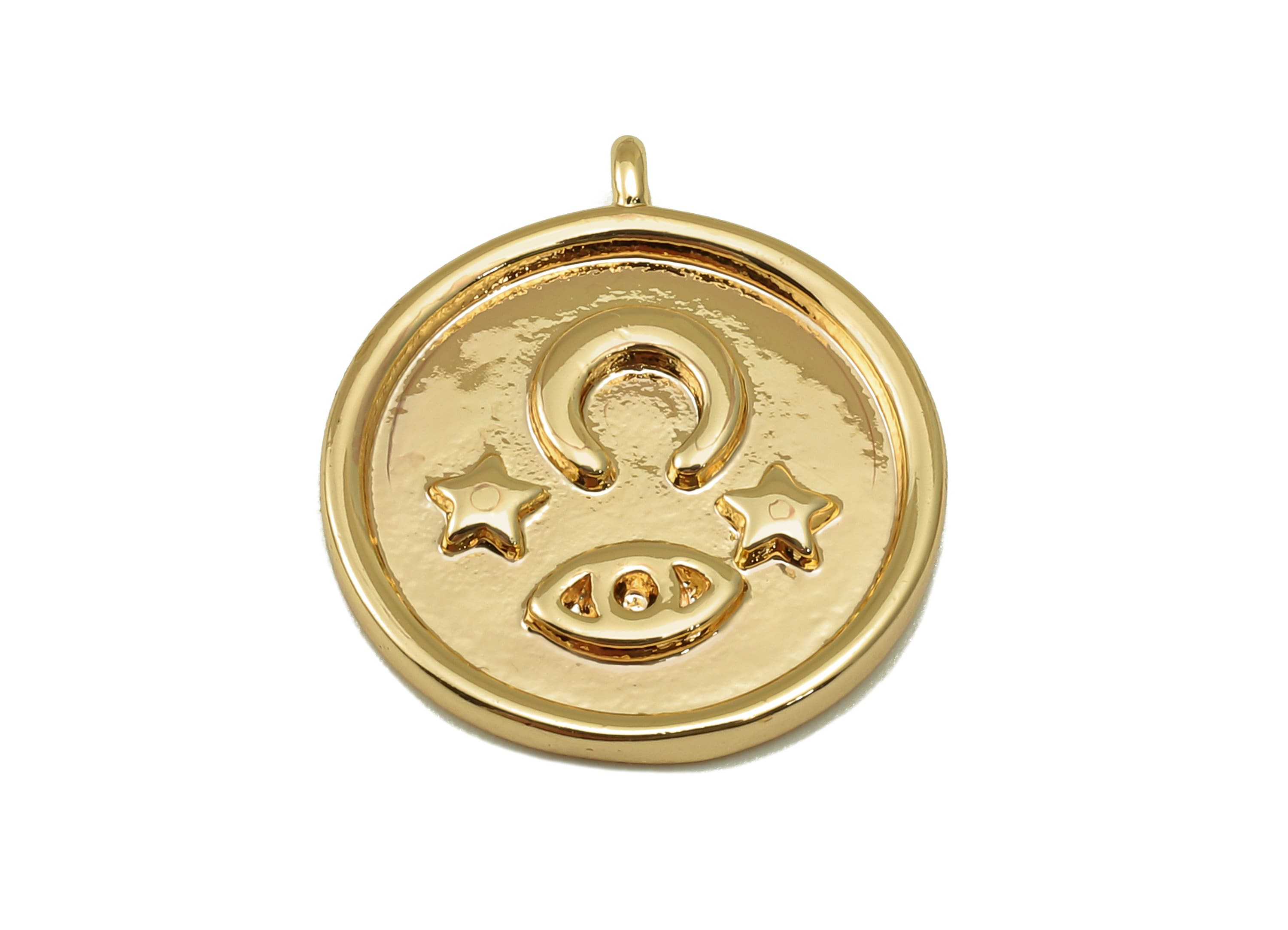 Brass Round Earring Charm - Brass Crescent Star Earrings - Gold Eye Pendant - For Necklace - Jewelry Making - 20.03x 17.43x 1.76mm-RGP6664 - DOMEDBAZAAR
