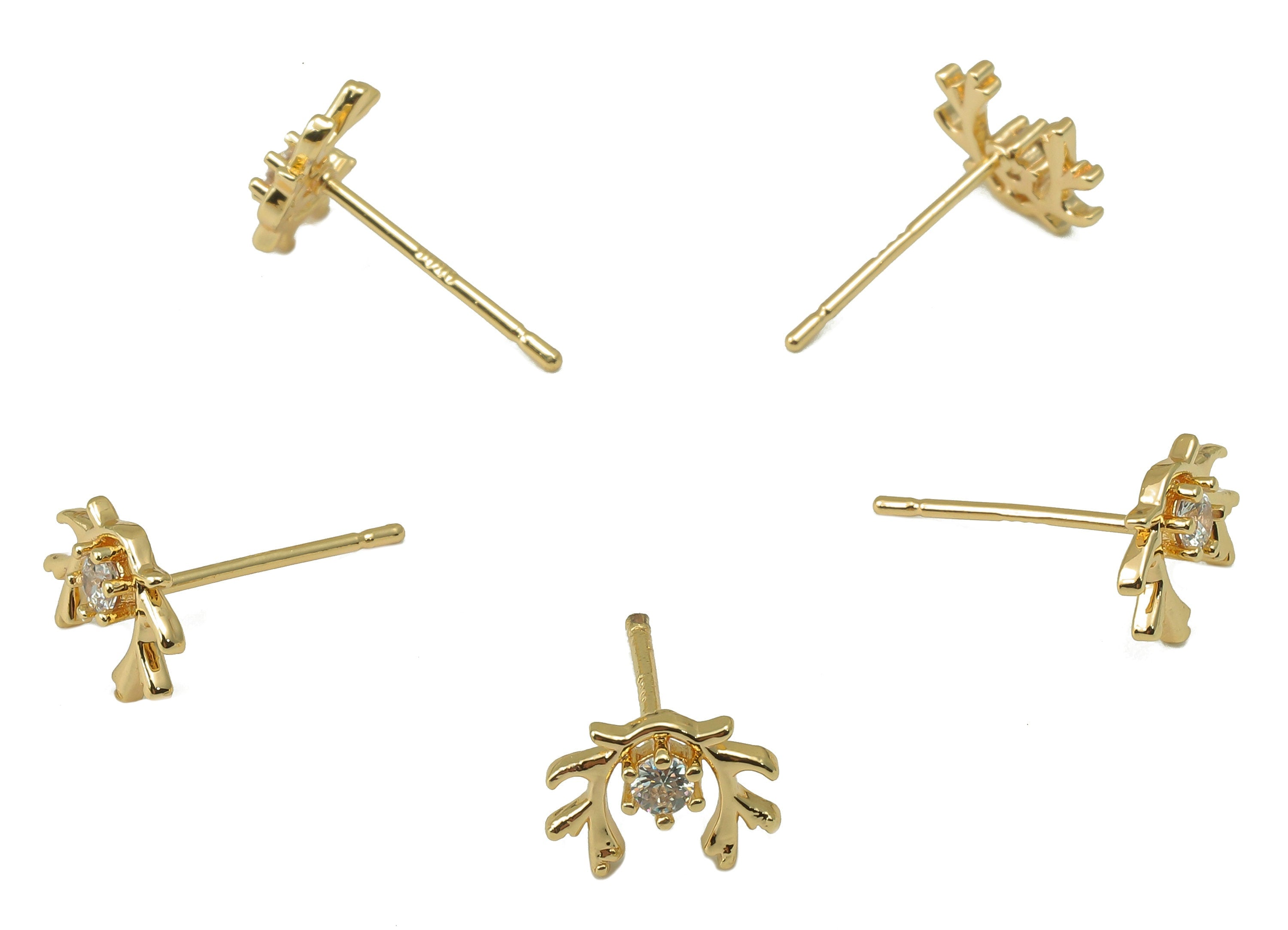 Brass Antler Earring Post - Cubic Zirconia Olive Branch Earring Stud -18k real gold-plated brass-Jewely Making Supplies -7x9x2.8mm- RGP6148 - DOMEDBAZAAR