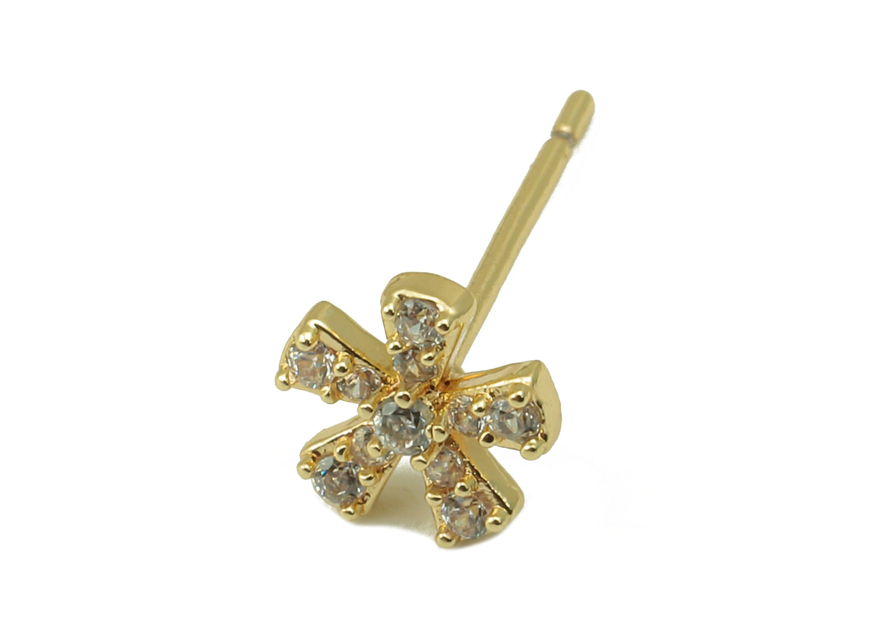 Brass Flower Bee Earring Stud - Waterdrop Cubic Zirconia Earring Post - CZ Leaf Stud Earring - 18k real gold-plated brass-6x8x2mm- RGP6152 - DOMEDBAZAAR