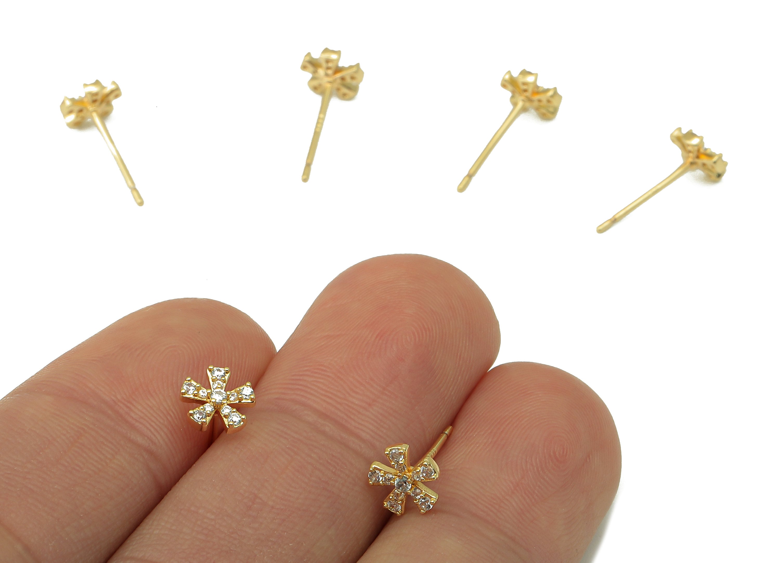 Brass Flower Bee Earring Stud - Waterdrop Cubic Zirconia Earring Post - CZ Leaf Stud Earring - 18k real gold-plated brass-6x8x2mm- RGP6152 - DOMEDBAZAAR
