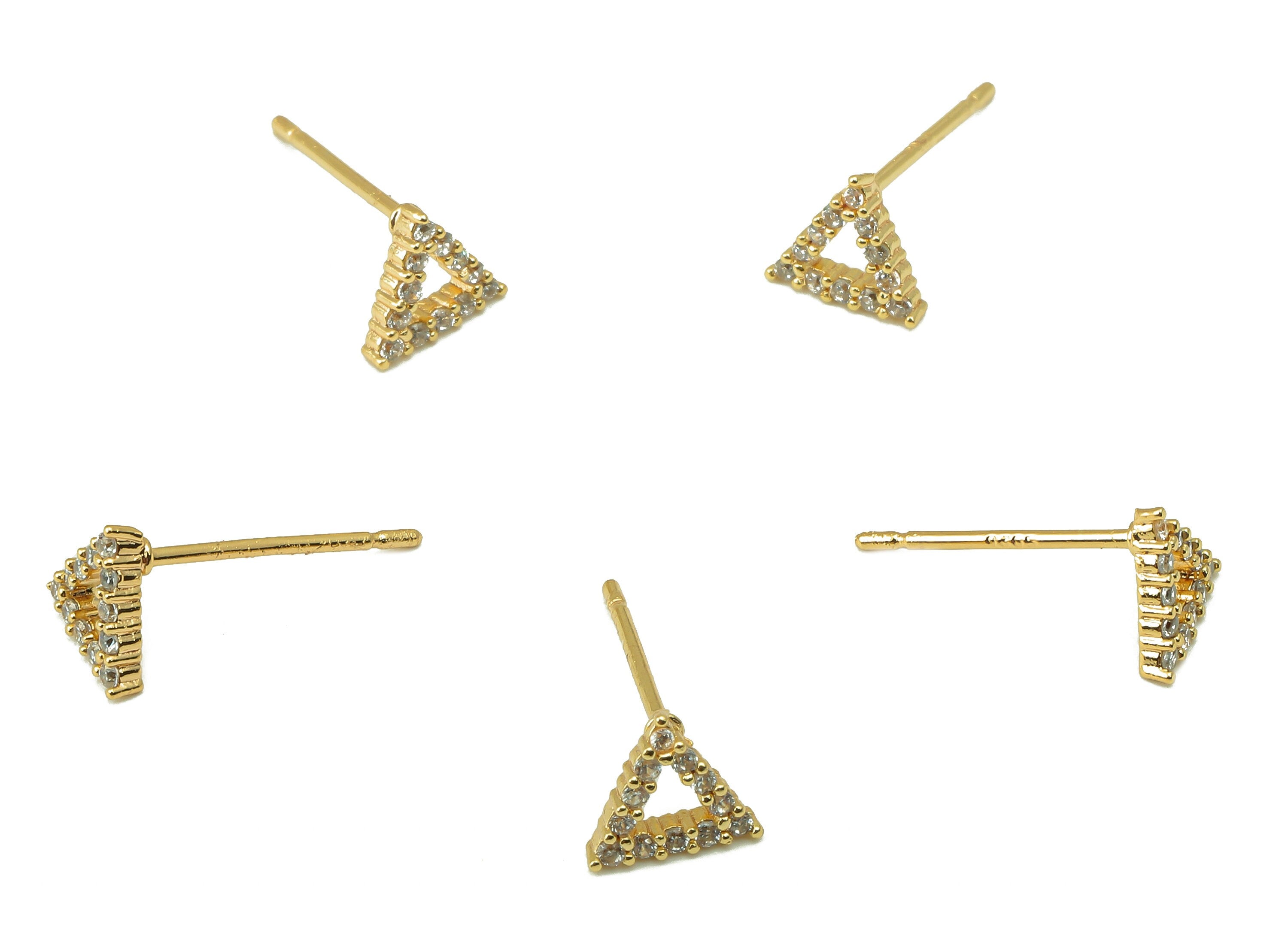 Brass Carved Triangle Earring Post - Gold Cubic Zirconia Triangle Earring Stud -CZ Stud-18k real gold-plated brass- 9x7x2mm- RGP6151 - DOMEDBAZAAR