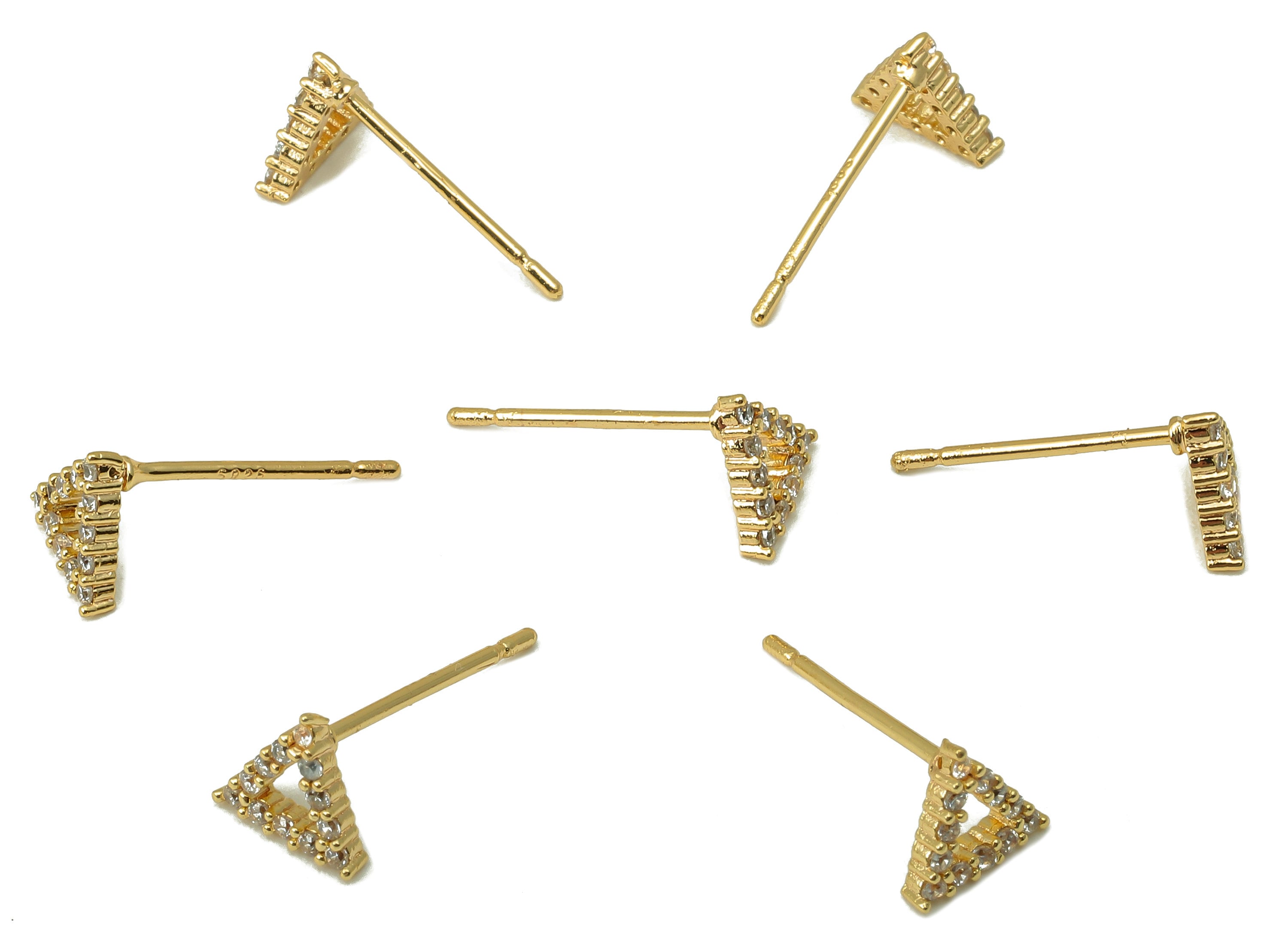 Brass Carved Triangle Earring Post - Gold Cubic Zirconia Triangle Earring Stud -CZ Stud-18k real gold-plated brass- 9x7x2mm- RGP6151 - DOMEDBAZAAR