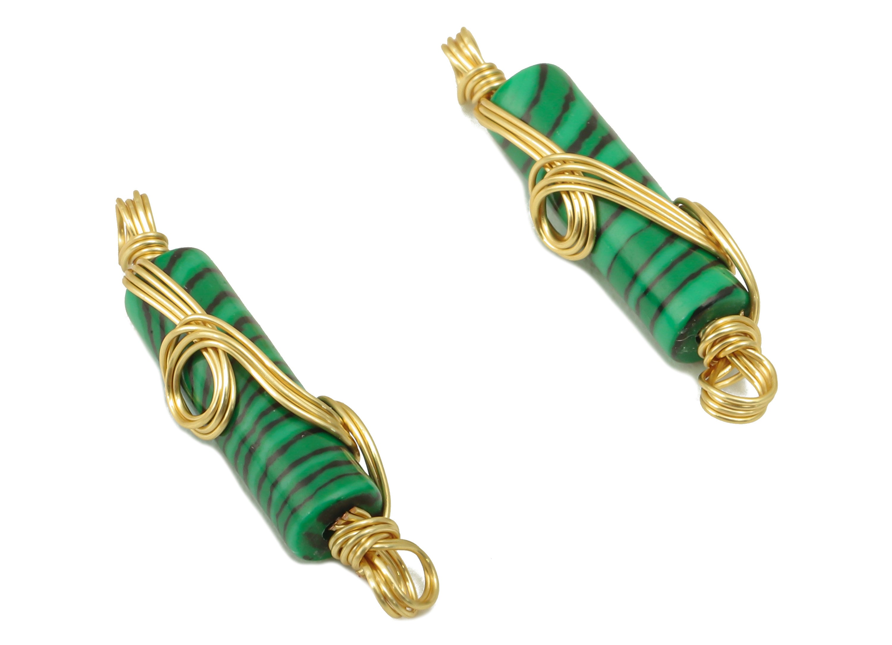 Natural Stone Earring Charm - Brass Wire Wrapped Pendant - Green Cylinder Natural Stone Connector - Gold Tone Plated -22x4.78x3.96mm-NS1894D - DOMEDBAZAAR