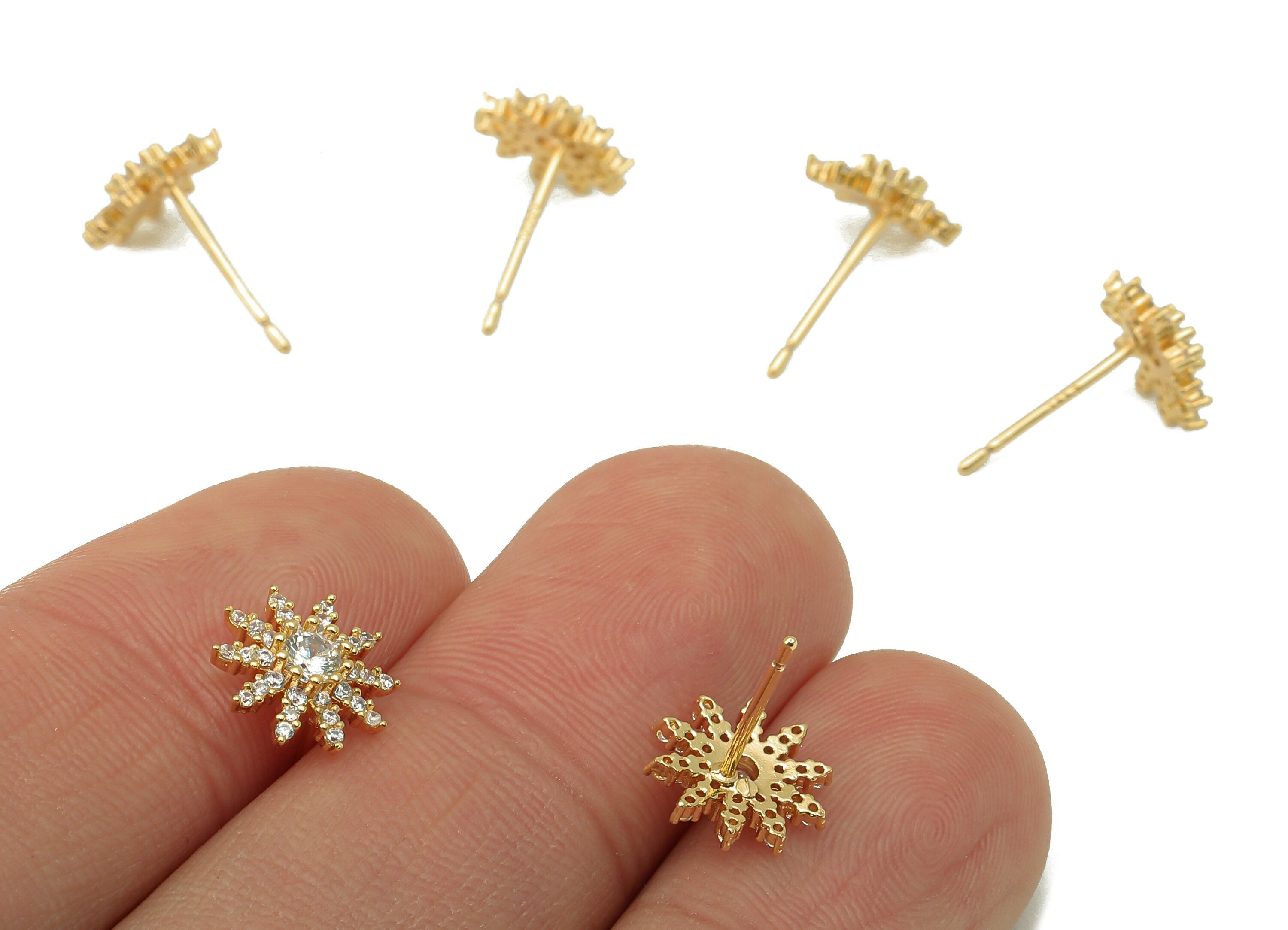 Brass Sunflower Earring Stud - Suspension Cubic Zirconia Flower Earring Post - Stud Earring - 18k real gold-plated brass-10x10x3mm- RGP6154 - DOMEDBAZAAR