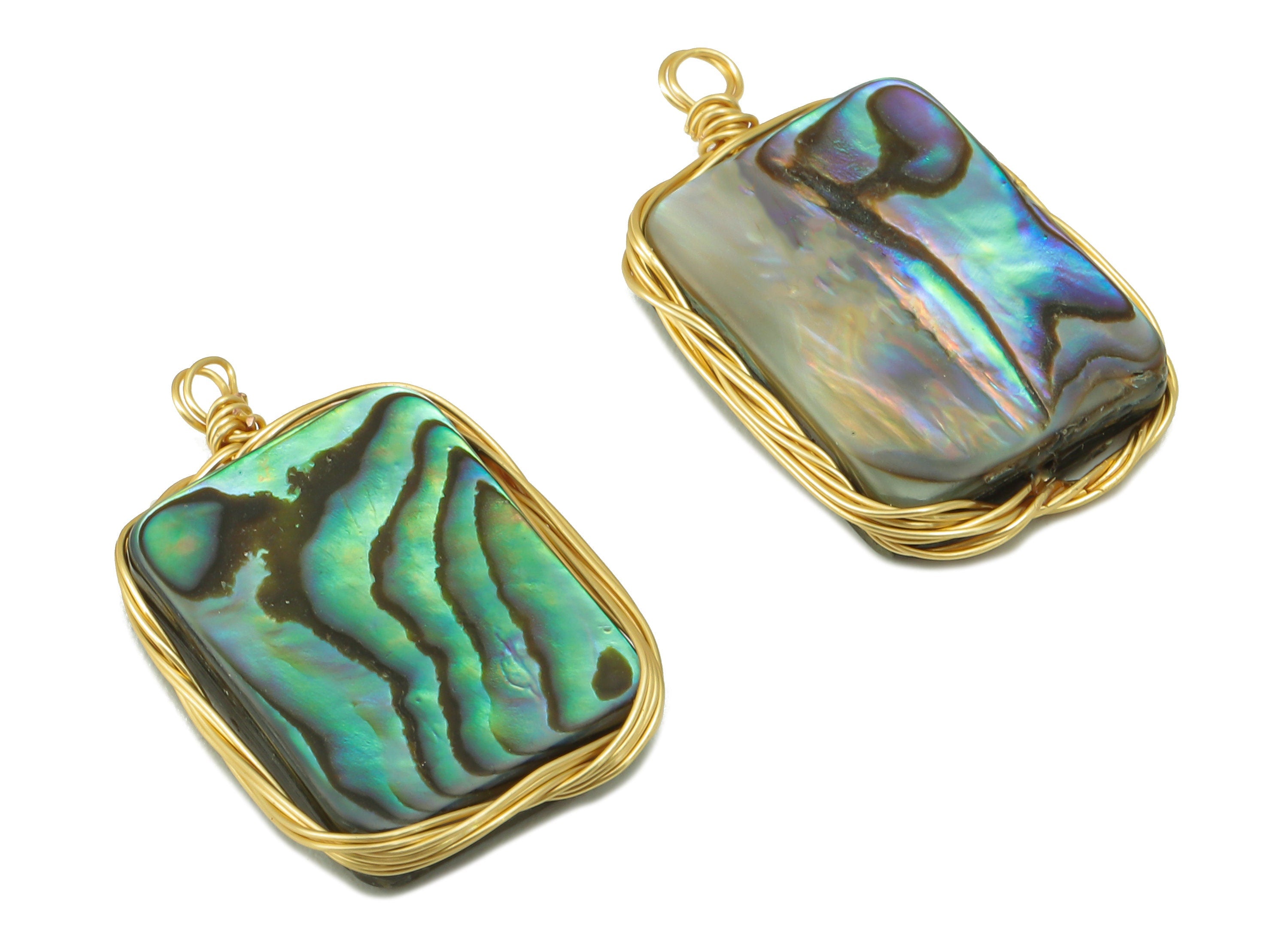 brass Abalone Earring Charm - Brass Rectangle Abalone Pendant - Brass Wire Wrapped Natural Stone - Gold Tone Plated - 22x13.45x3.6mm-NS1897 - DOMEDBAZAAR