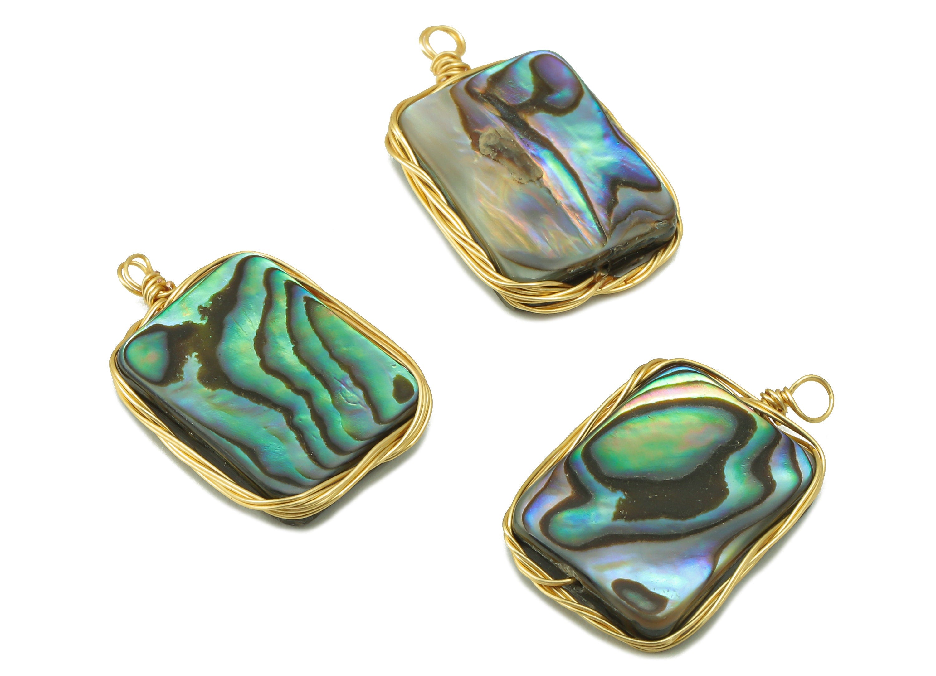 brass Abalone Earring Charm - Brass Rectangle Abalone Pendant - Brass Wire Wrapped Natural Stone - Gold Tone Plated - 22x13.45x3.6mm-NS1897 - DOMEDBAZAAR