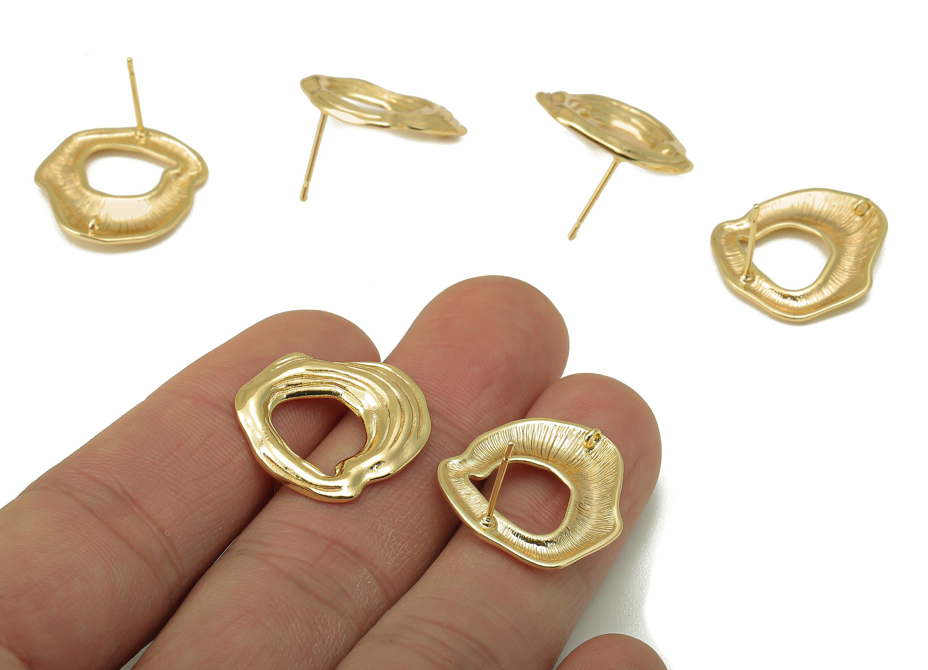 Brass Irregular Stud Earring - Textured Circle Earring with Loop - Wavy Round Earring Post - 18K Real Gold Plating-21x19x1mm-RGP6172 - DOMEDBAZAAR