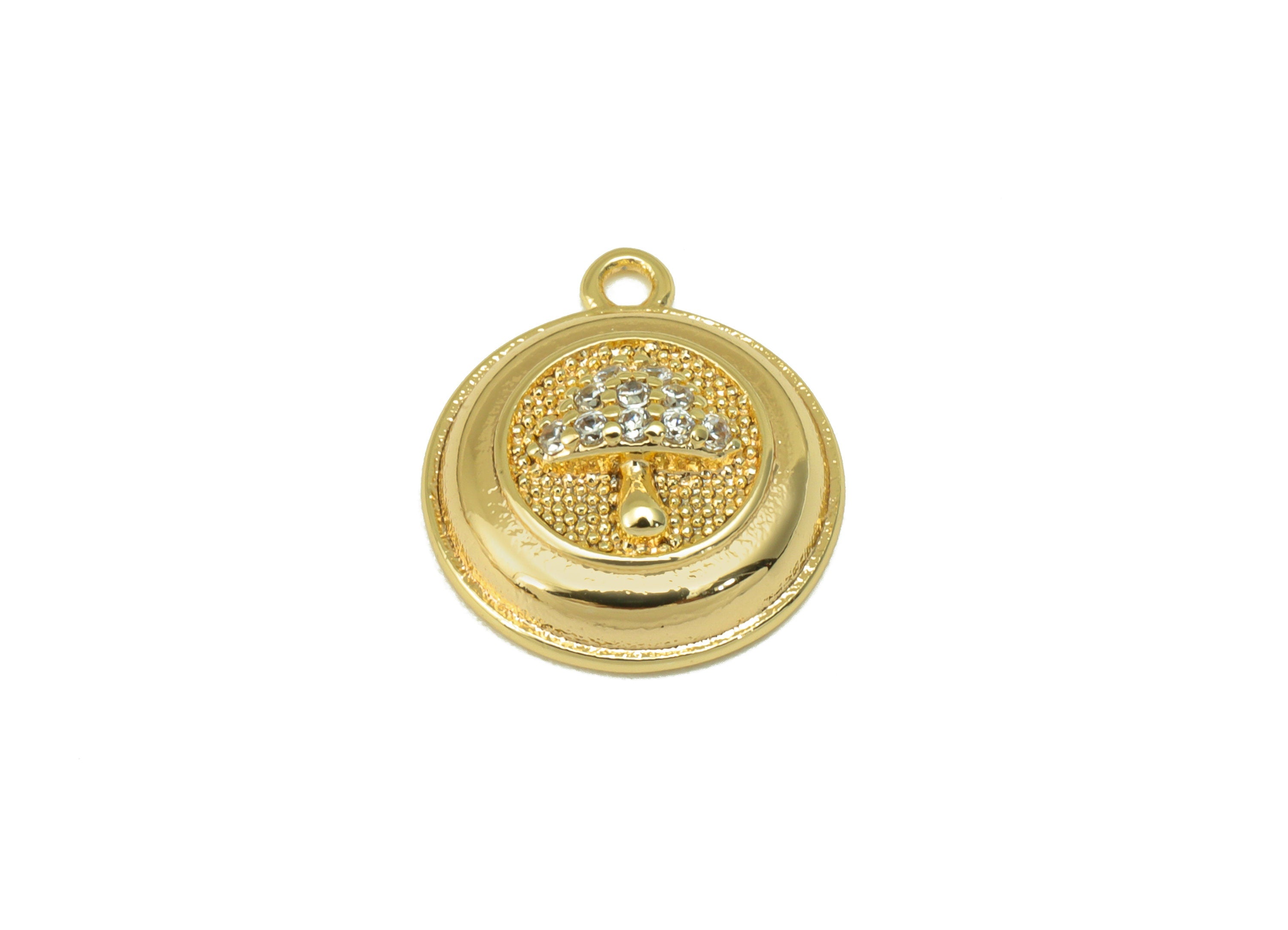 Brass Round Earring Charm – Brass Mushroom Pendant- Cubic Zirconia Charm - Earring Charm -18K Real Gold Plated - 15.75x13.46x1.36mm- RGP6508 - DOMEDBAZAAR
