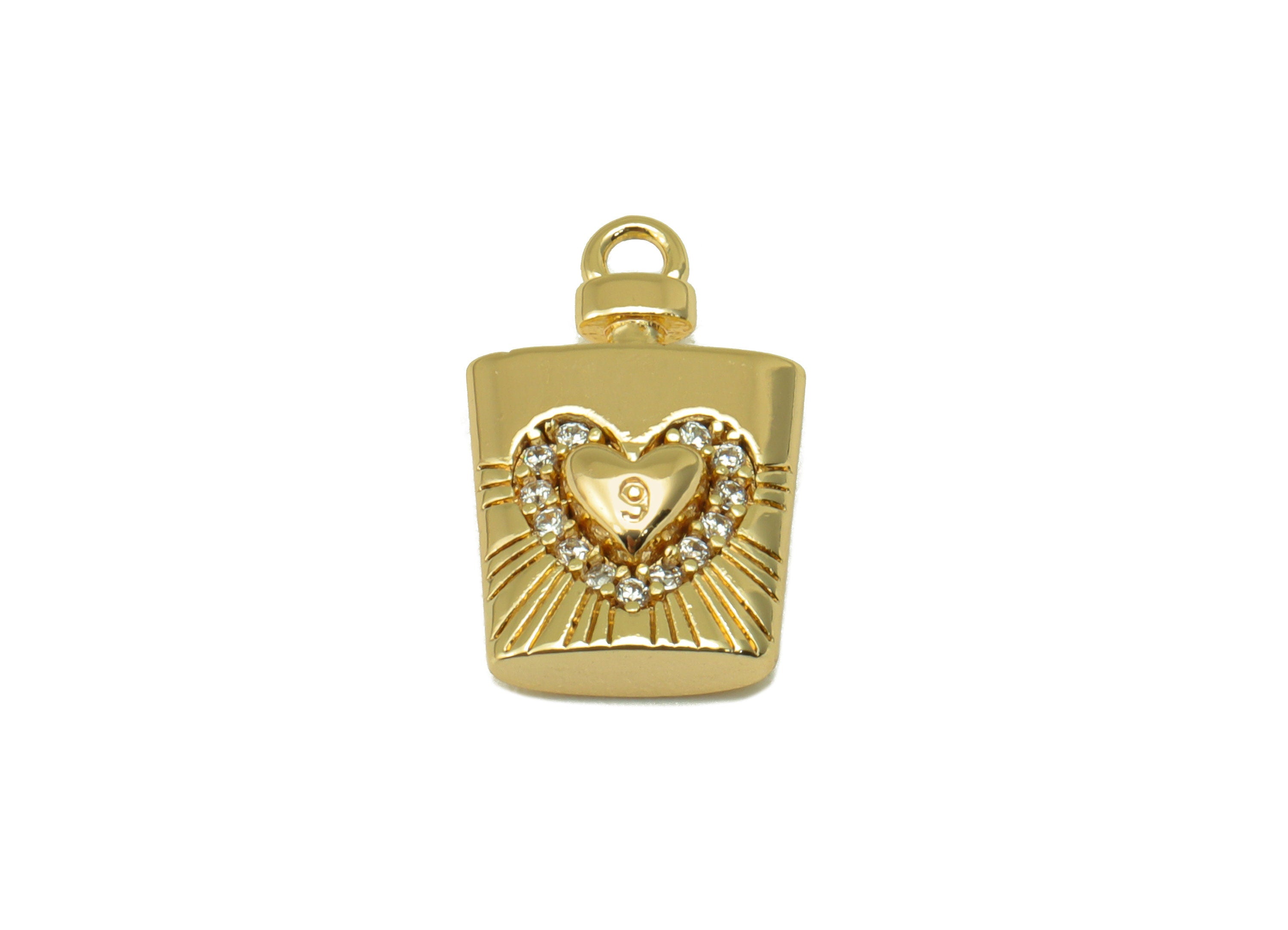 Brass Flagon Earring - Brass Cubic Zirconia Heart Pendant - CZ Textured Perfume Necklace -18K Real Gold Plated - 15x 9.85x3.89mm- RGP6516 - DOMEDBAZAAR
