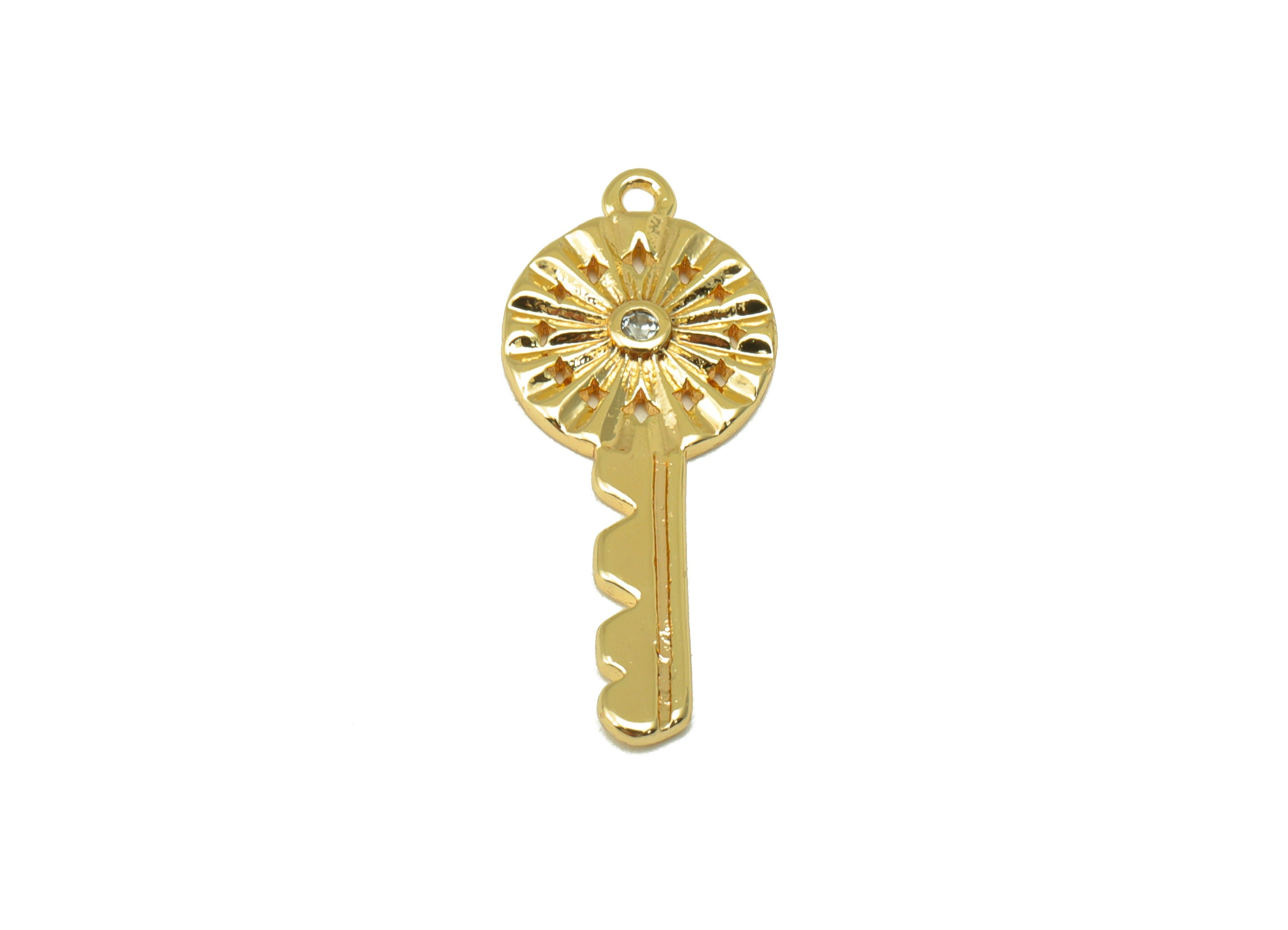 Brass Key Earring Charm - Cubic Zirconia Charm - Textured Star Earring Charm - For Necklace - 18K Real Gold Plated - 24x10x 1.68mm- RGP6518 - DOMEDBAZAAR