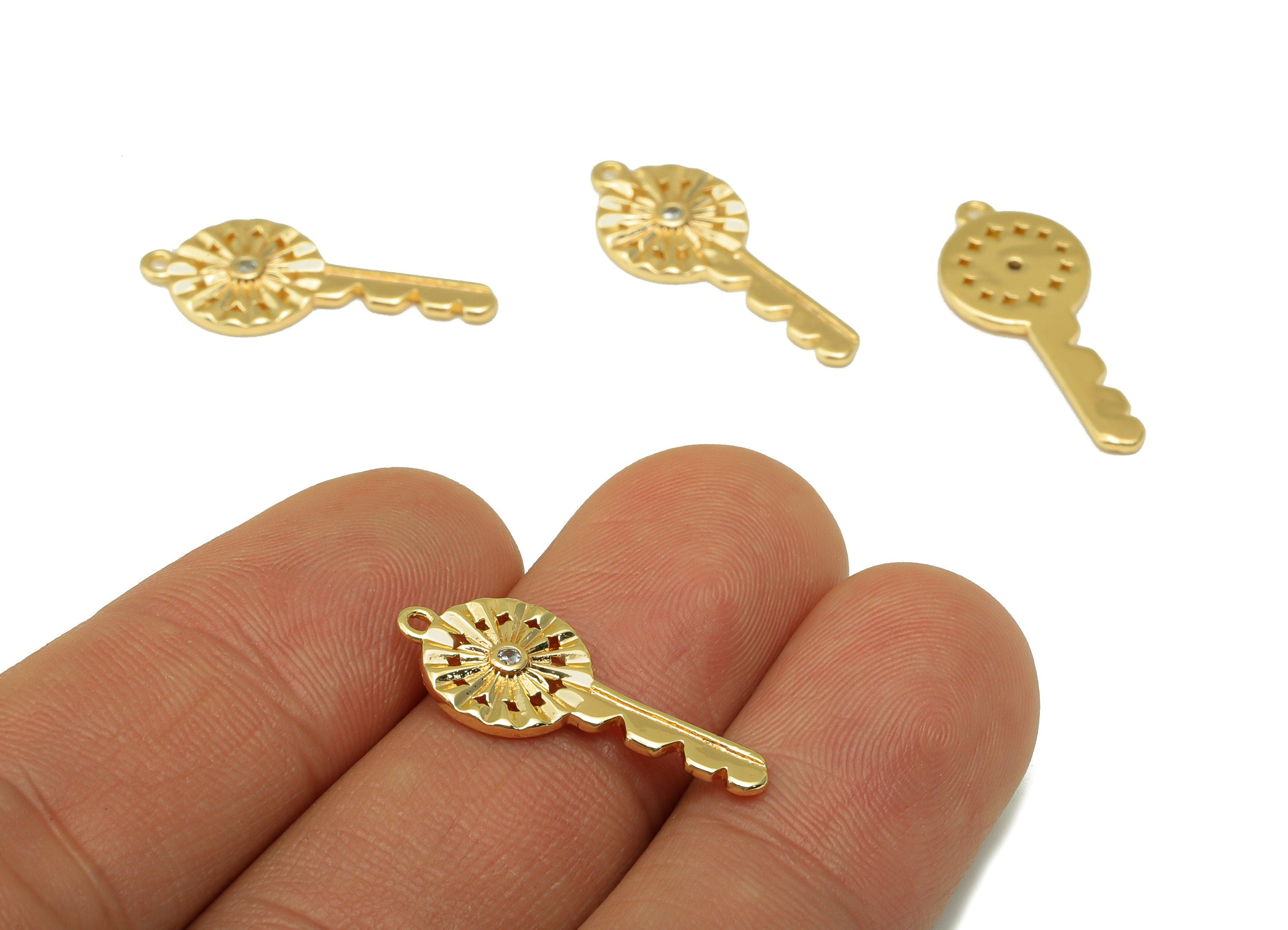 Brass Key Earring Charm - Cubic Zirconia Charm - Textured Star Earring Charm - For Necklace - 18K Real Gold Plated - 24x10x 1.68mm- RGP6518 - DOMEDBAZAAR