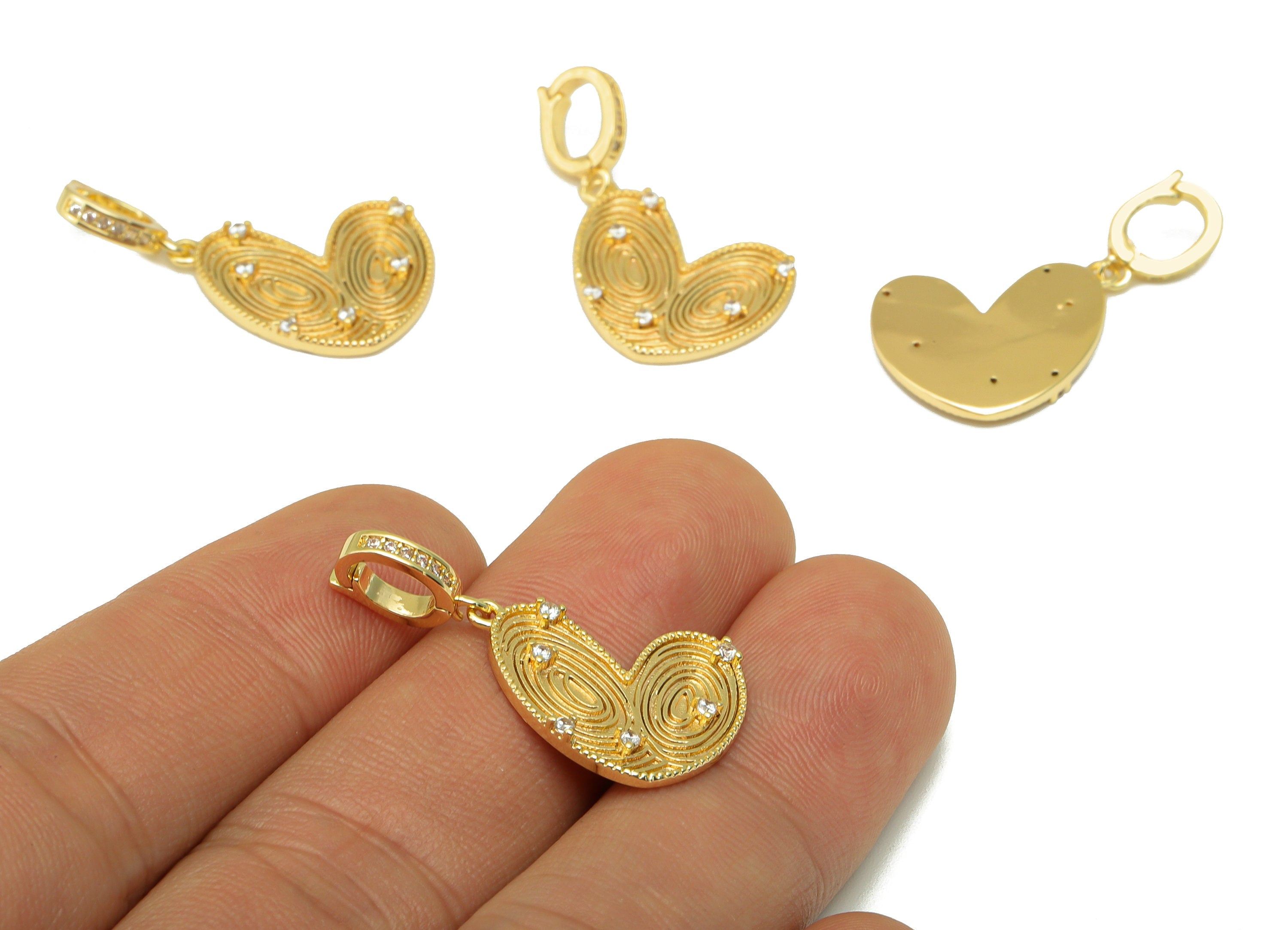 Brass Heart Clasp -Cubic Zircon Textured Clasp Hoop - Heart Clasp Hoop Pendant - For Necklace- 18K Real Gold Plated - 30x16x2mm- RGP6563 - DOMEDBAZAAR