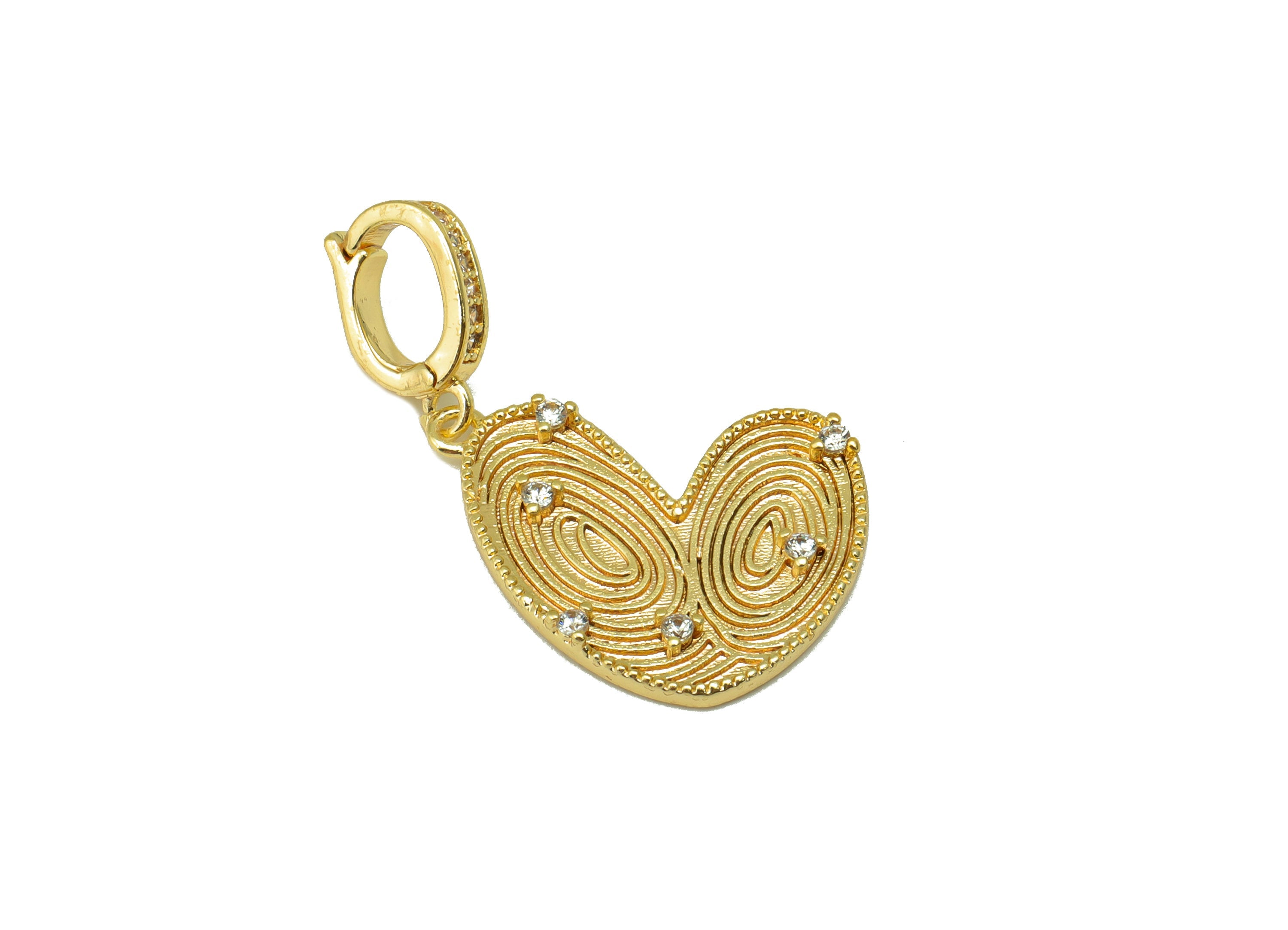Brass Heart Clasp -Cubic Zircon Textured Clasp Hoop - Heart Clasp Hoop Pendant - For Necklace- 18K Real Gold Plated - 30x16x2mm- RGP6563 - DOMEDBAZAAR
