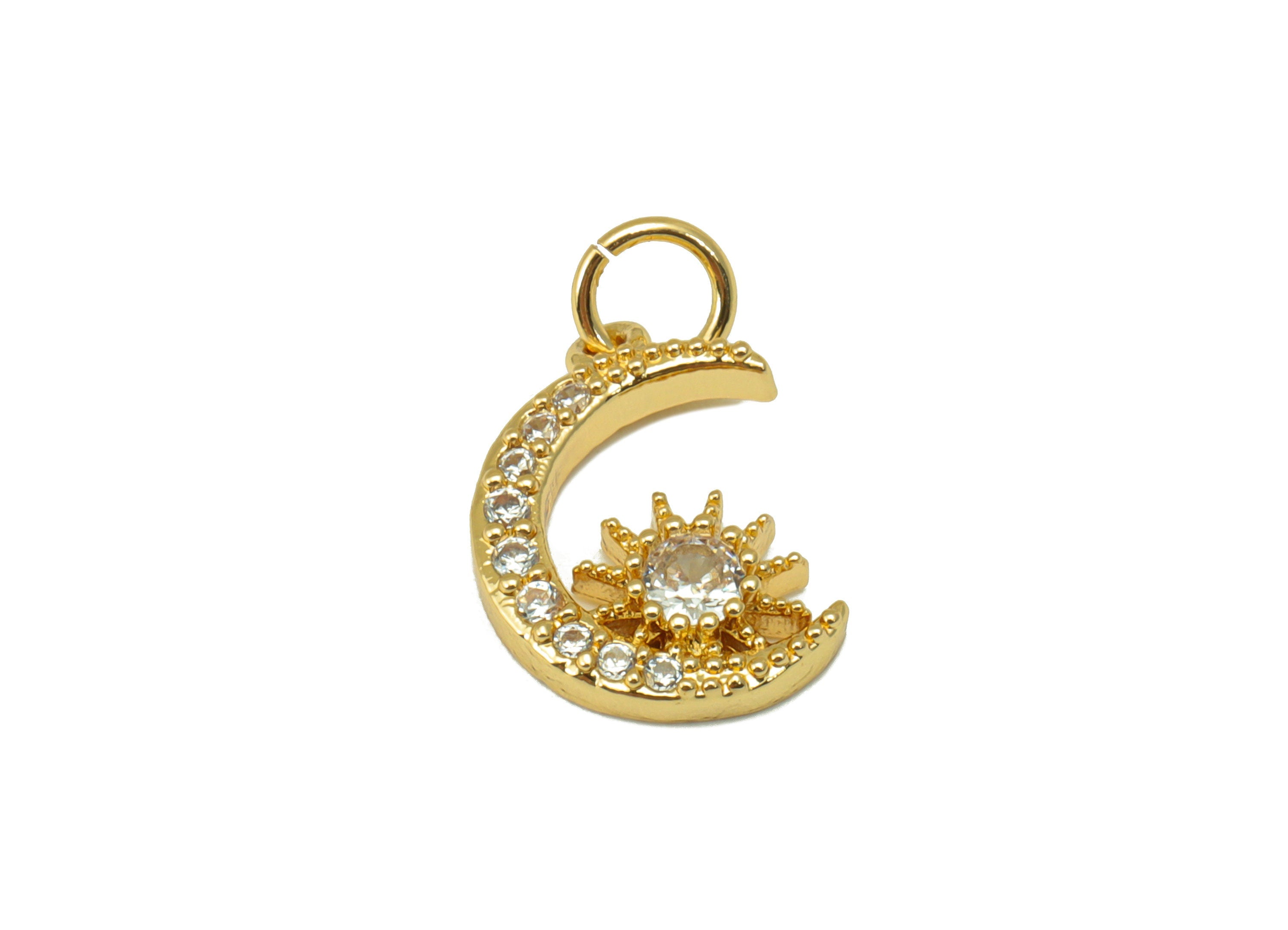 Brass Crescent Earring - Brass Cubic Zirconia Star Pendant - CZ Sunshine For Necklace - 18K Real Gold Plated - 17.87x10.14x 2.61mm - RGP6675 - DOMEDBAZAAR