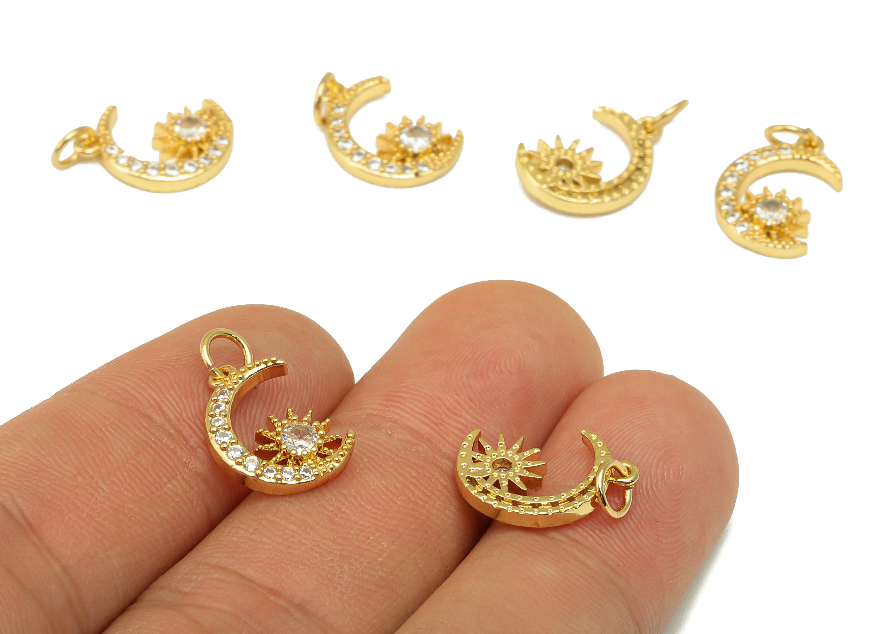 Brass Crescent Earring - Brass Cubic Zirconia Star Pendant - CZ Sunshine For Necklace - 18K Real Gold Plated - 17.87x10.14x 2.61mm - RGP6675 - DOMEDBAZAAR