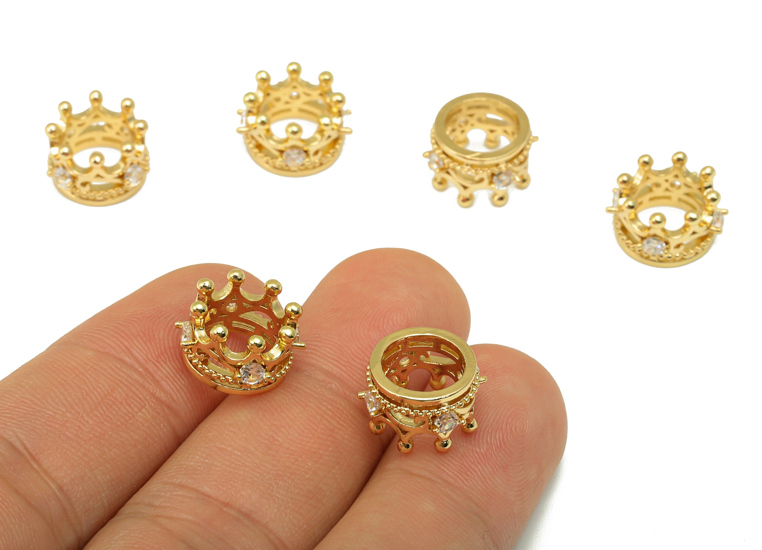 Brass Crown Bead - Brass Cubic Zirconia Hollow Pendant - CZ Crown For Necklace Spacer - 18K Real Gold Plated - 13.32x 7.88x 1.72mm - RGP6676 - DOMEDBAZAAR