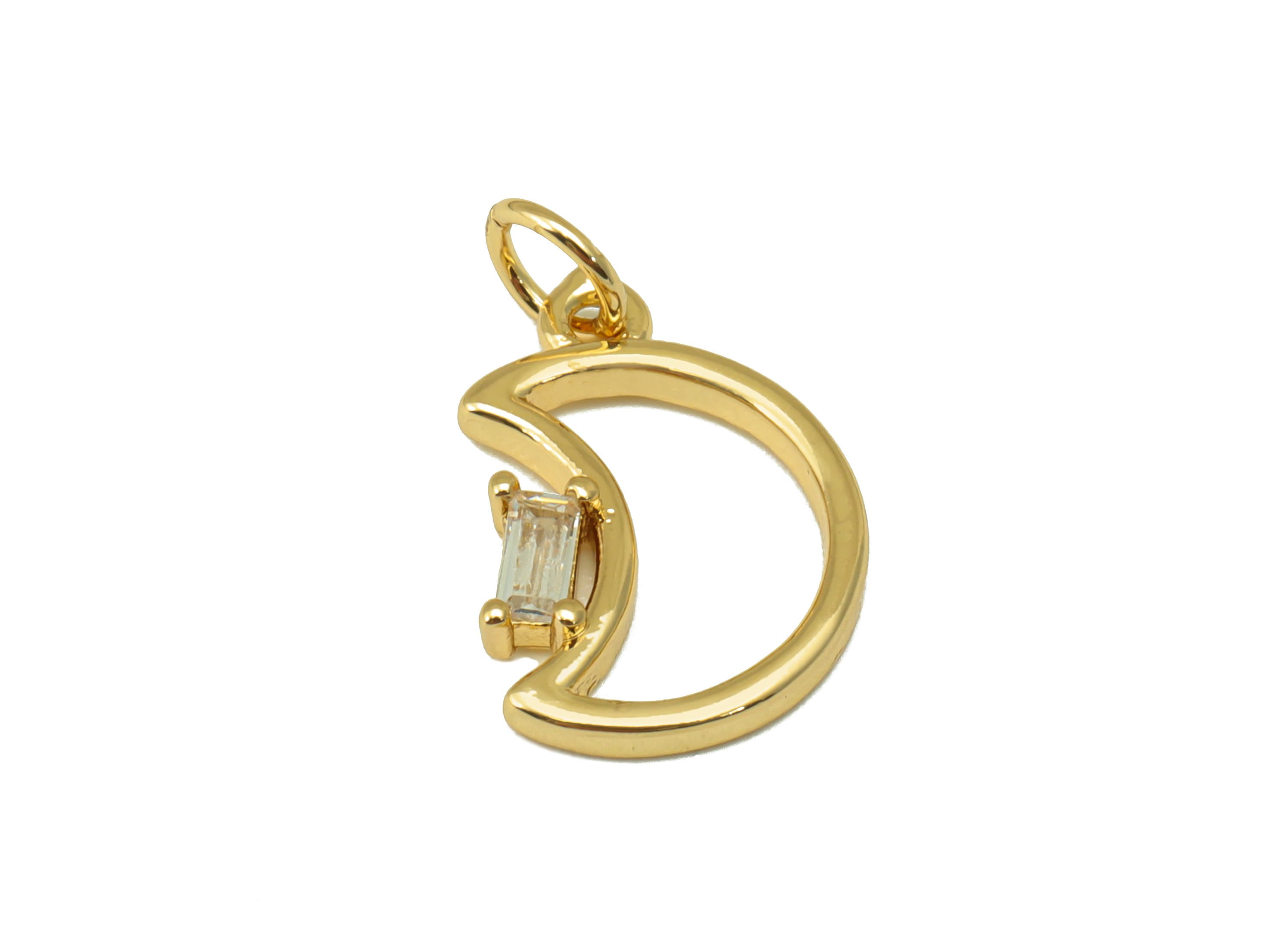 Brass Crescent Earring - Brass Cubic Zirconia Pendant - CZ Emerald For Necklace - 18K Real Gold Plated - 20.45x 11.33 x 2.33mm- RGP6678 - DOMEDBAZAAR