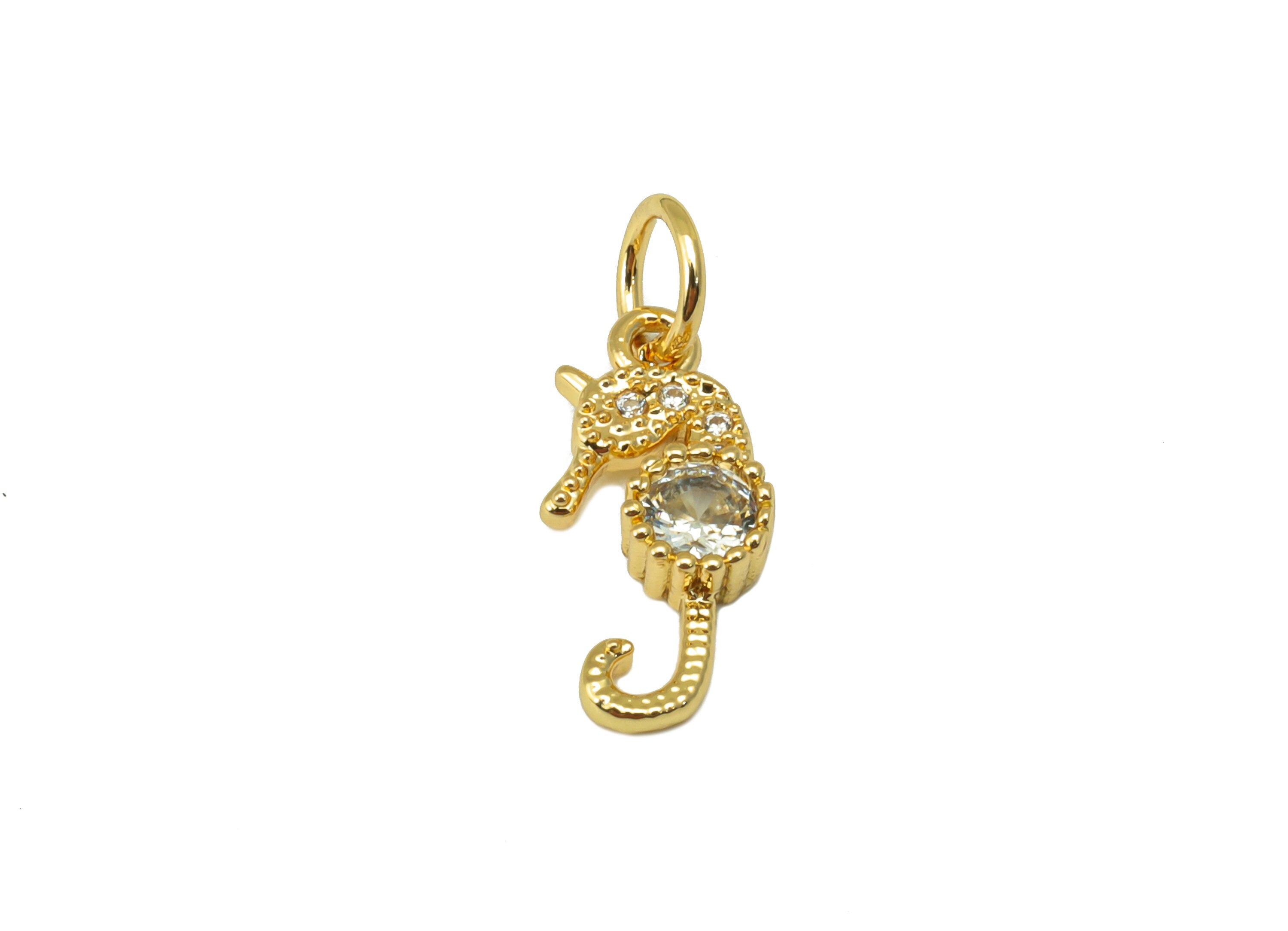 Brass Seahorse Earring Charms -Mini Seahorse Cubic Zirconia With Hoop - For Necklace - 18K Real Gold Plated - 17.82x 7.08x 2.7mm- RGP6679 - DOMEDBAZAAR