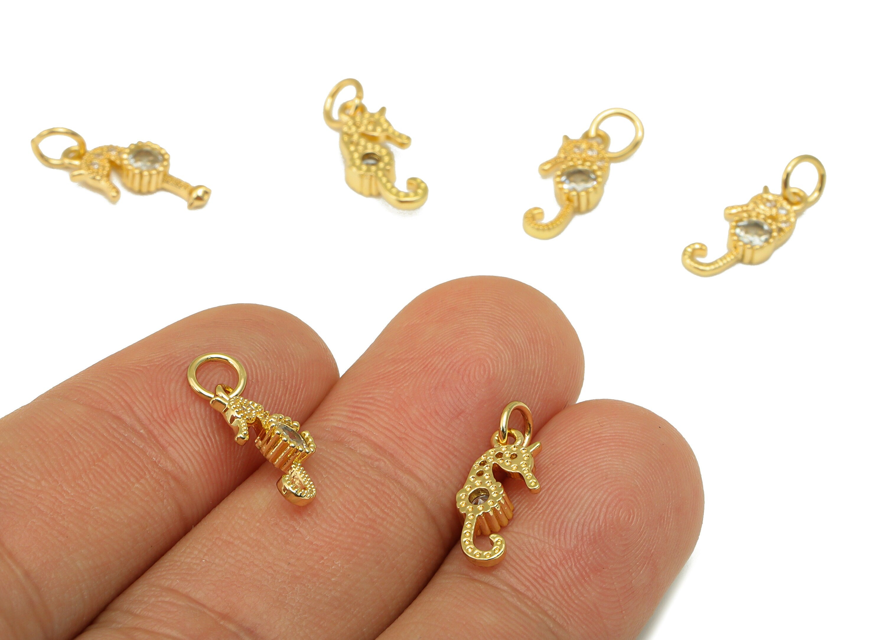 Brass Seahorse Earring Charms -Mini Seahorse Cubic Zirconia With Hoop - For Necklace - 18K Real Gold Plated - 17.82x 7.08x 2.7mm- RGP6679 - DOMEDBAZAAR