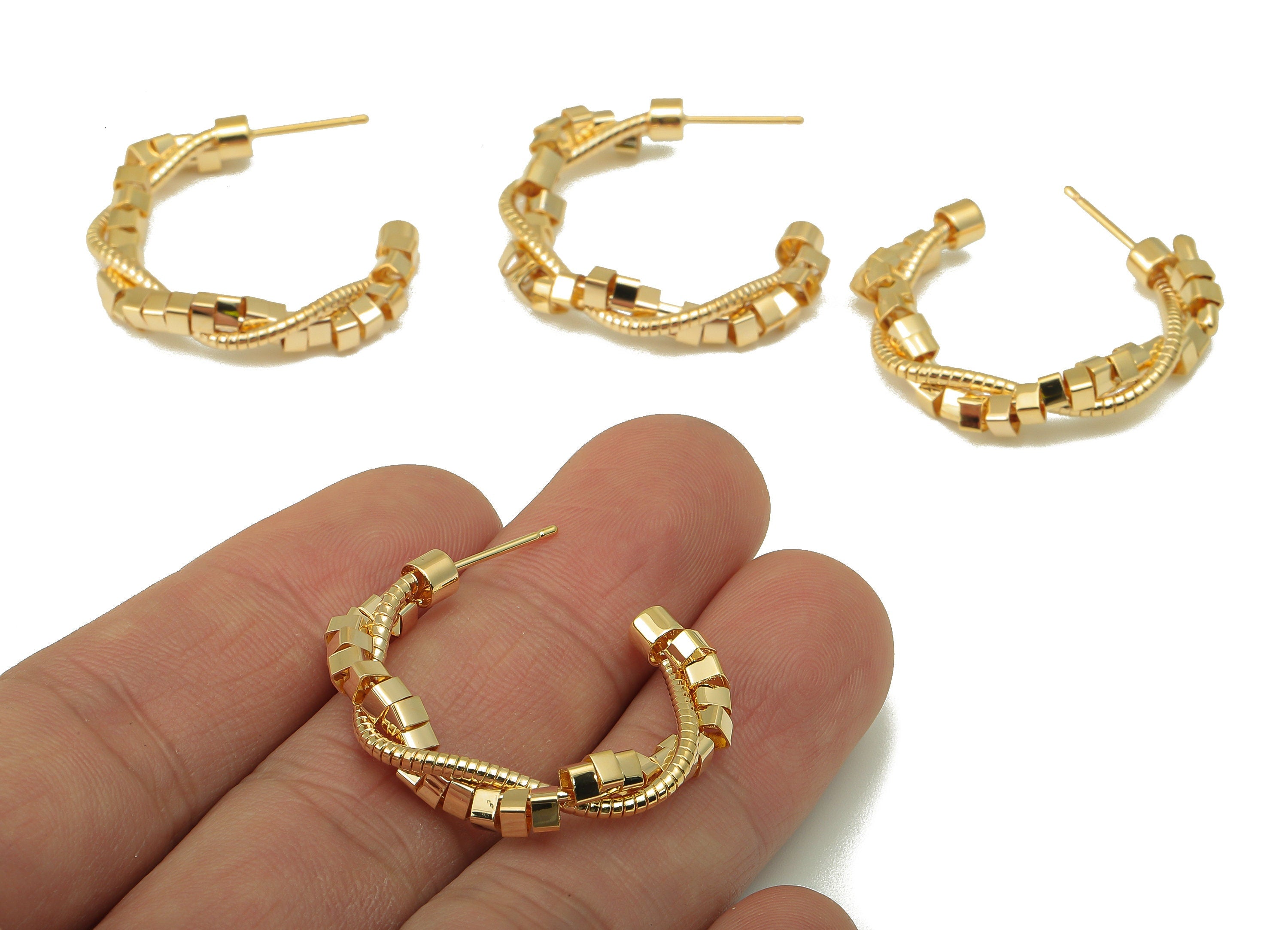 Brass Snake Chain Hoop Earring - Cubes C Hoop Earring - Cube Chain Open Hoop Earring-18k real gold-plated brass- Finding-31x31x4mm- RGP6175 - DOMEDBAZAAR