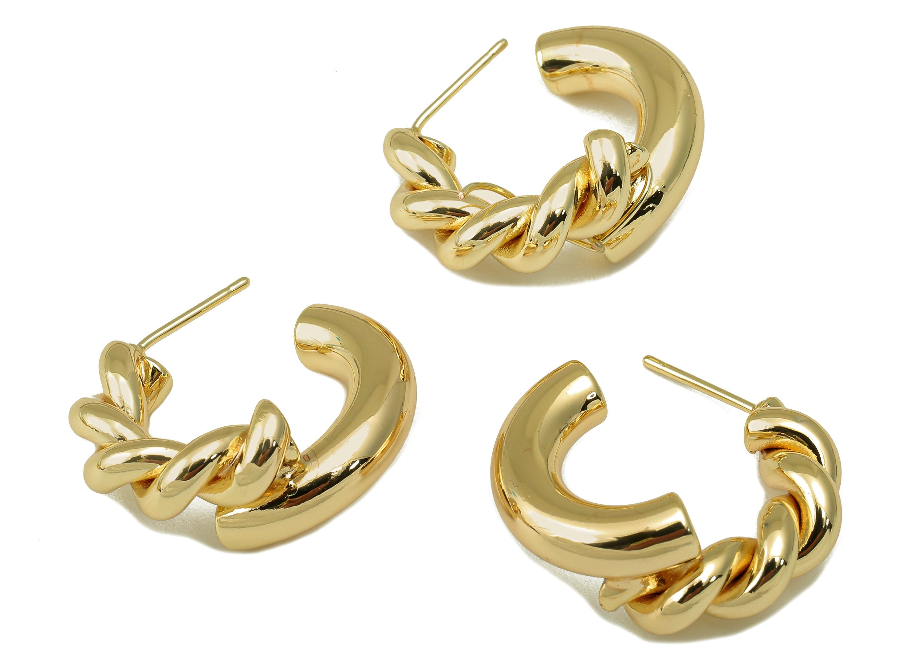 Brass C Earring Stud - Open Hoop Earring - Gold Twisted Earring Post- Halfmoon Twist Earrings-18k real gold-plated brass-25x25x5mm- RGP6176 - DOMEDBAZAAR