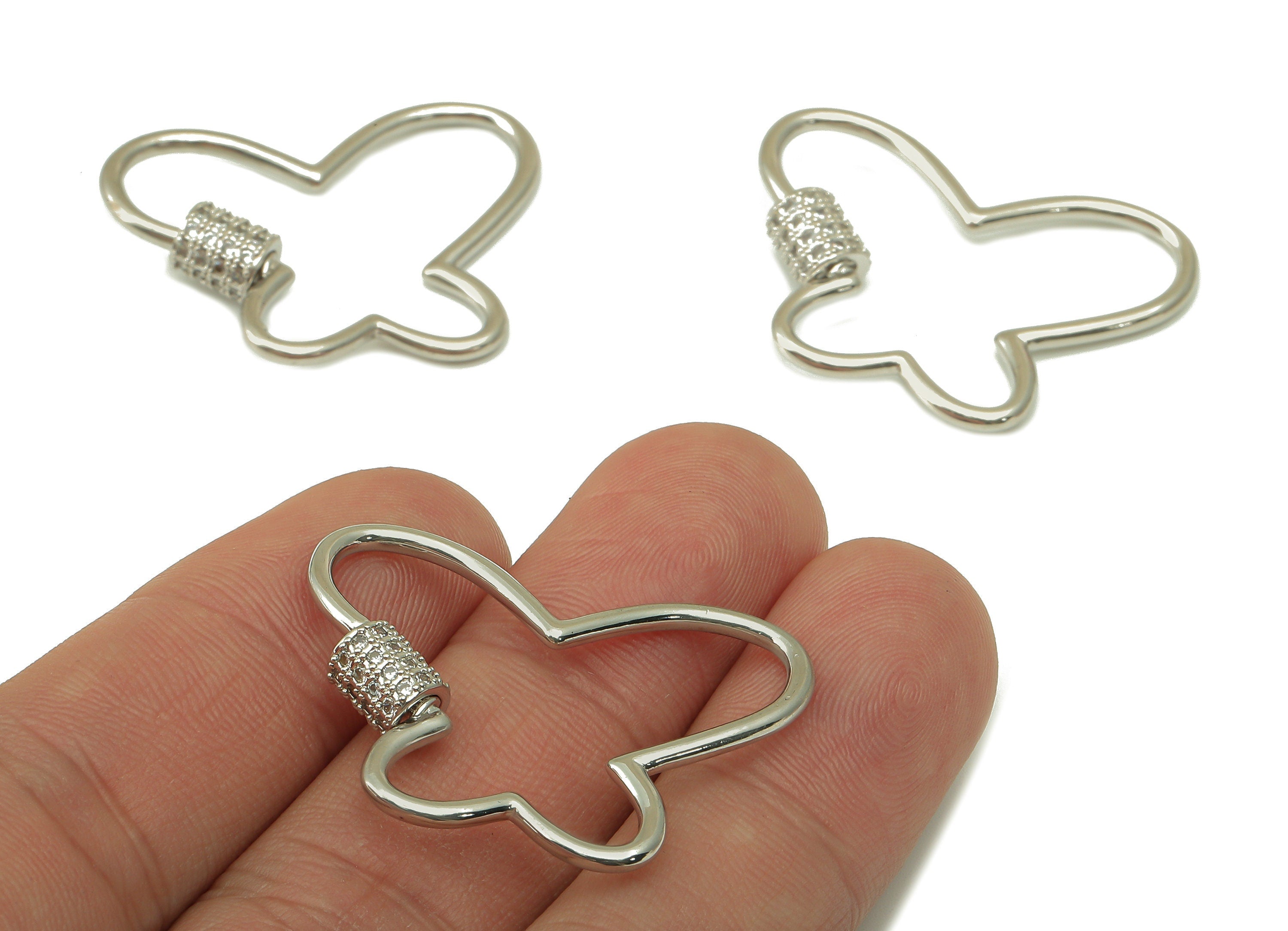 Brass Butterfly Earrings - Silver Screw Clasp with Zircons - Silver Carabiner - Butterfly Turnbuckle Lock Pendant - 33.5x24.3x1.7mm-PP7686S - DOMEDBAZAAR