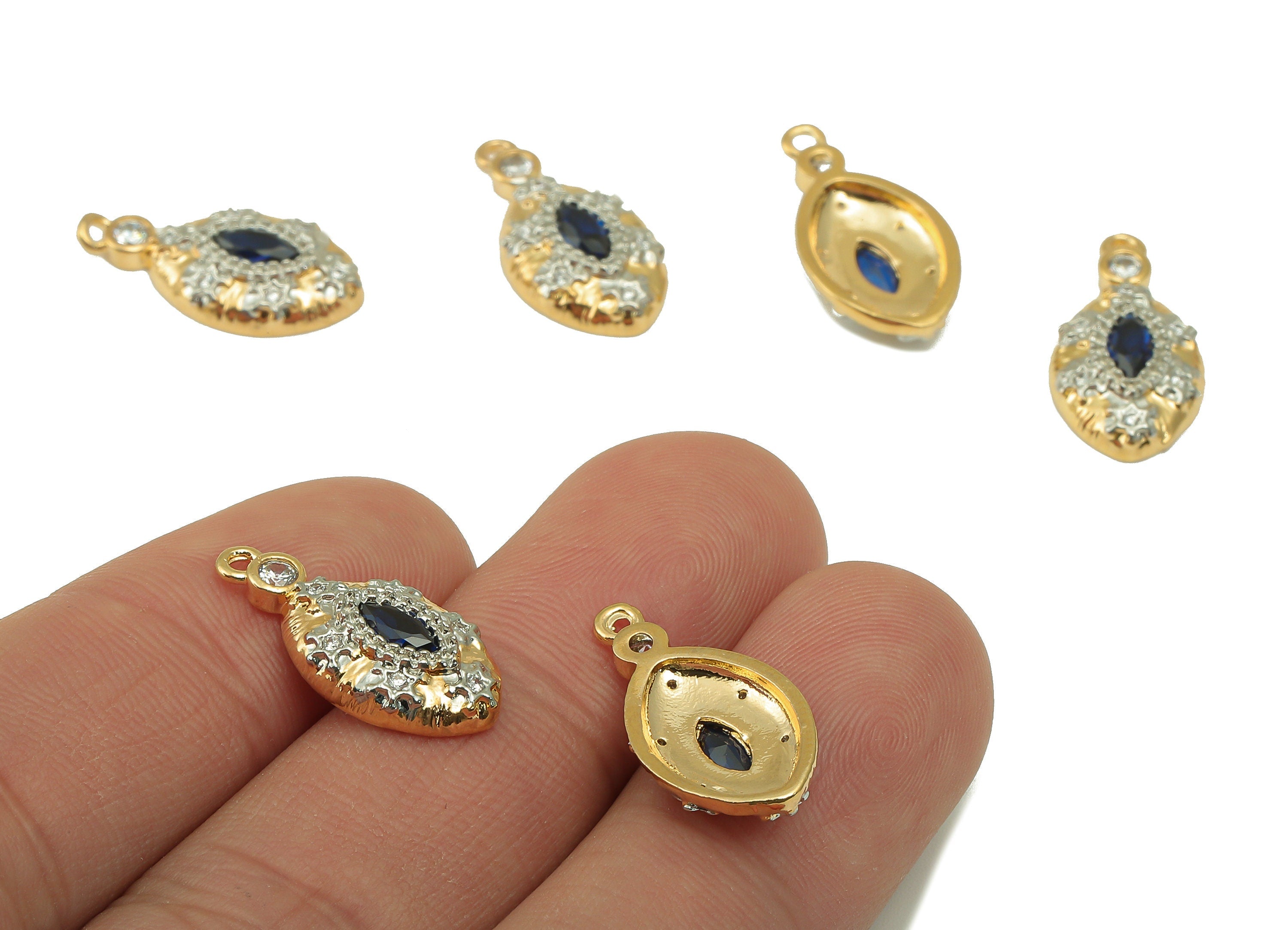 Brass Eye Earring Charm - Barss Cubic Zircon Blue Eye Earring - Pendant With Loop - 18K Real Gold Plating Charm - 20.2x10.2x1.91mm - RGP6599 - DOMEDBAZAAR