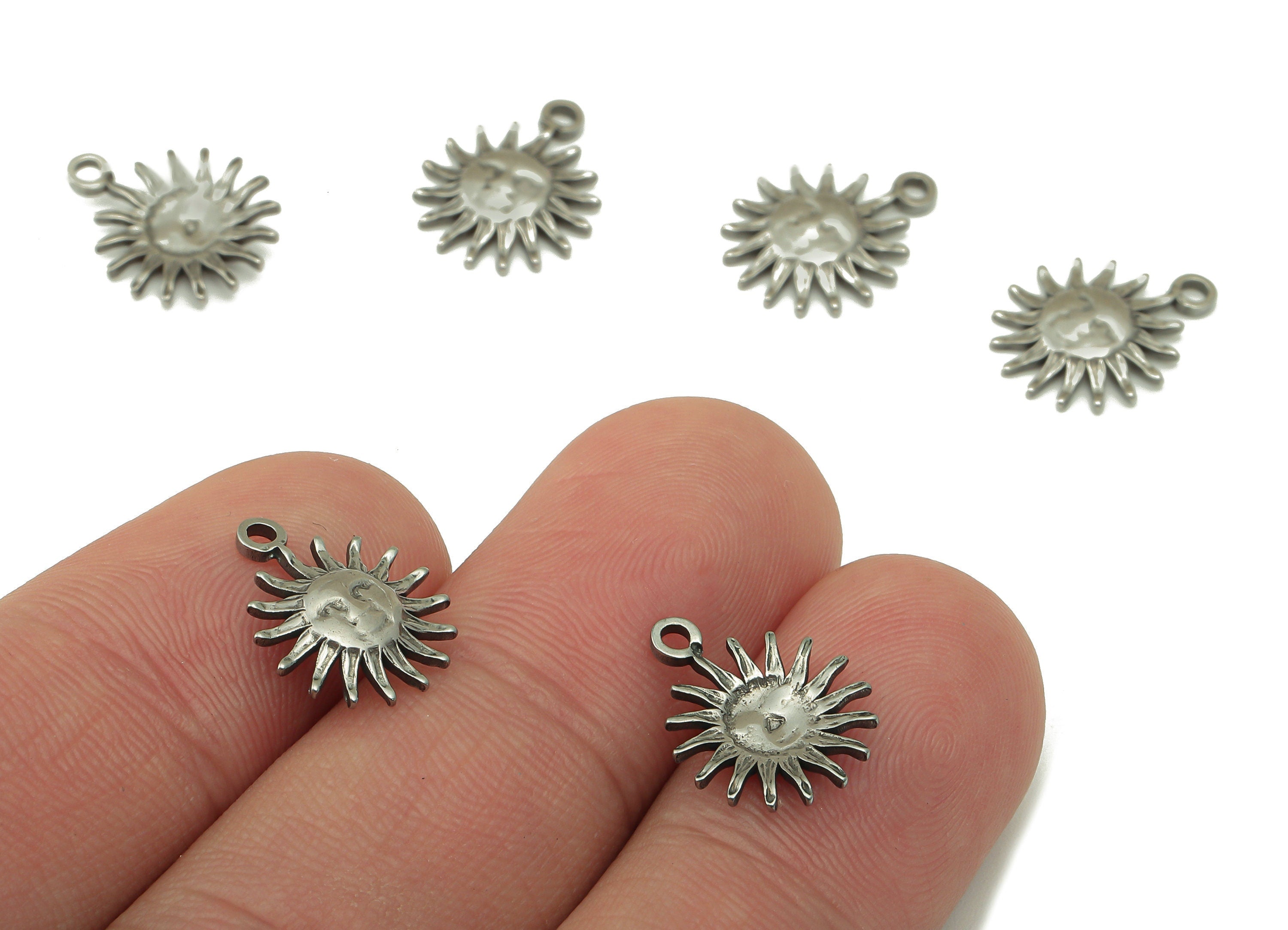 Stainless Steel Sun Earring Charm - Steel Sun Face Charm -Mini Sun Charm For Bracelet -Steel Sunshine Pendant -14.4x11.49x1.2mm - SS1455 - DOMEDBAZAAR