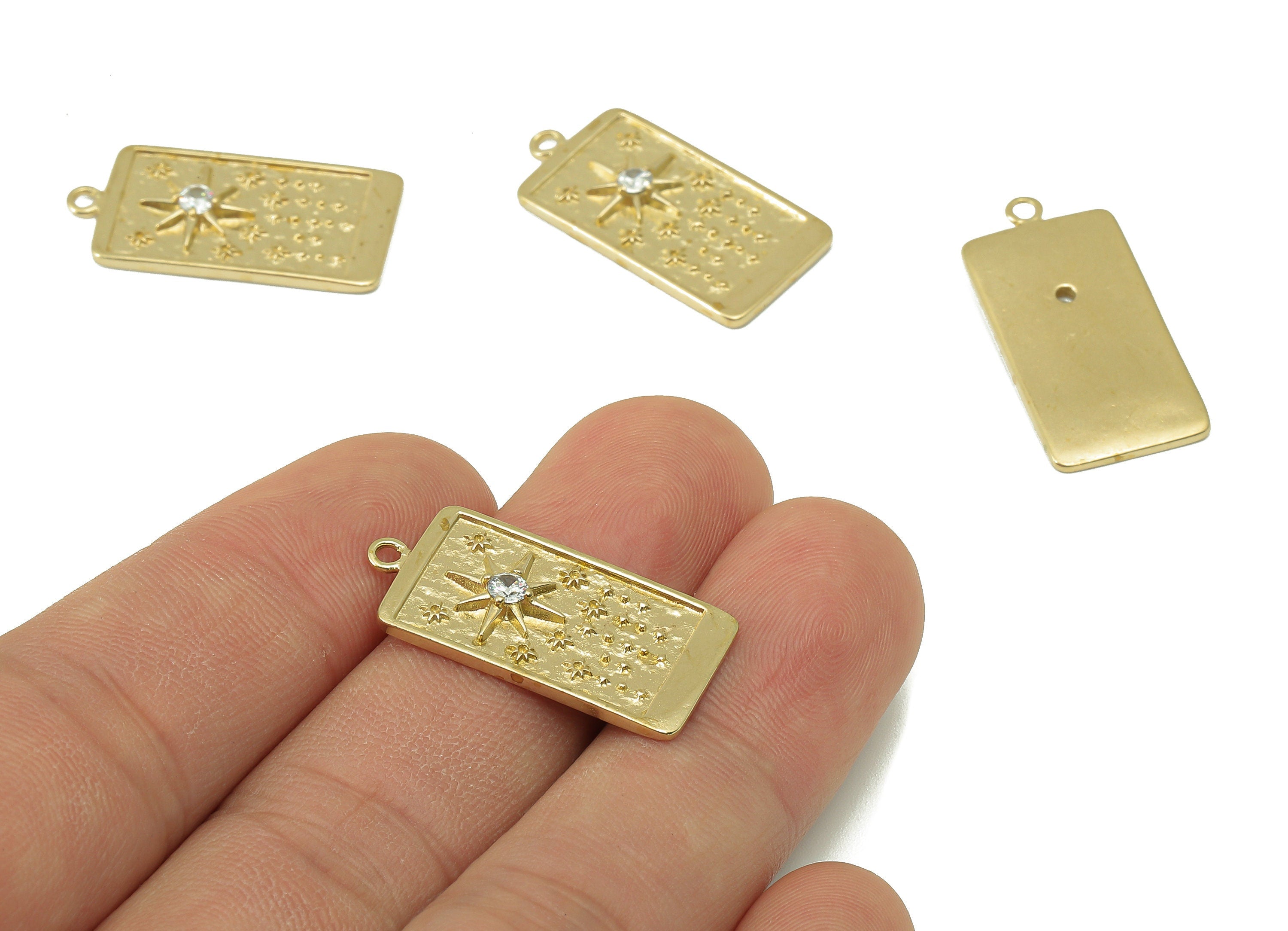 Brass Rectangular Earring Charm - Raw Brass Vintage Tarot Cards Pendant - Cubic Zircon - Sun CZ Charm - For Necklaces-27x13.6x2.6mm-PP8355 - DOMEDBAZAAR