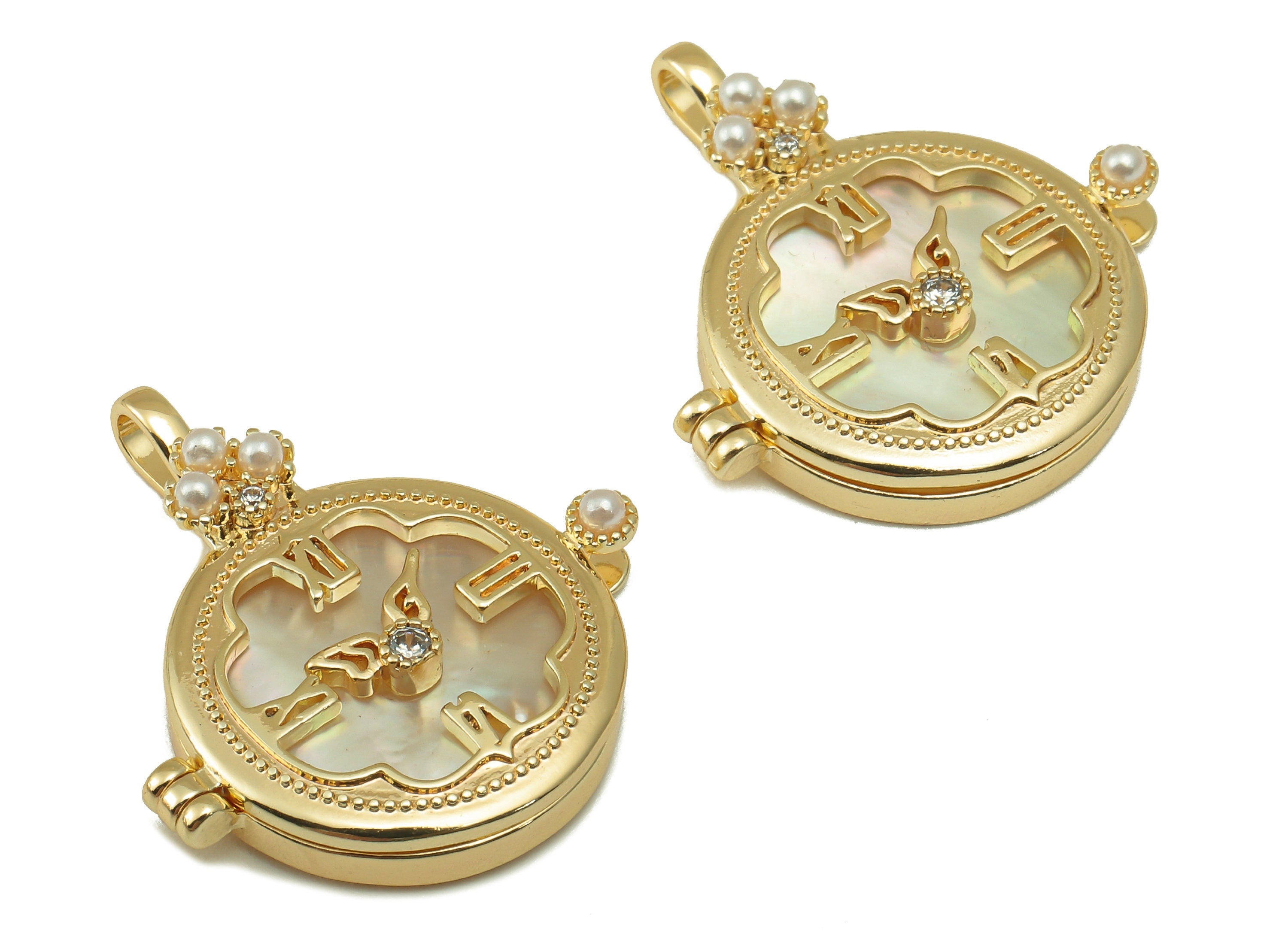 Brass Round Clock Earring Charm - Brass Cubic Zircon Shell Pendant - Star Wing Charm - 18K Real Gold Plated-Jewelry Making-27x24x5mm-RGP6621 - DOMEDBAZAAR