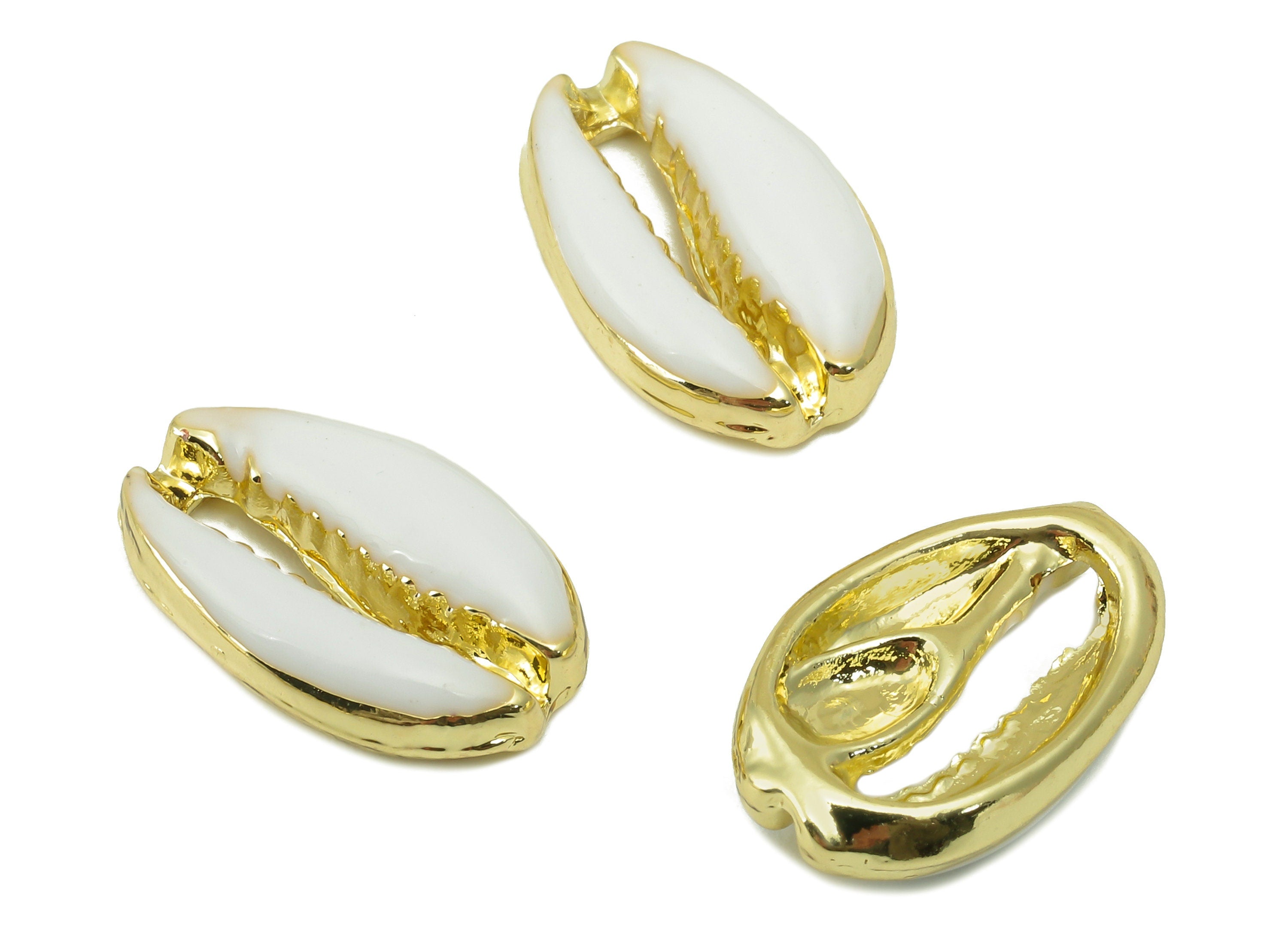Alloy Cowrie Charms - Gold Open Cowrie Charm -Alloy Open Cowrie Charm - KC Gold Tone White Plated -18.62 x 12.13 x 4.47mm- ZZ2042 - DOMEDBAZAAR