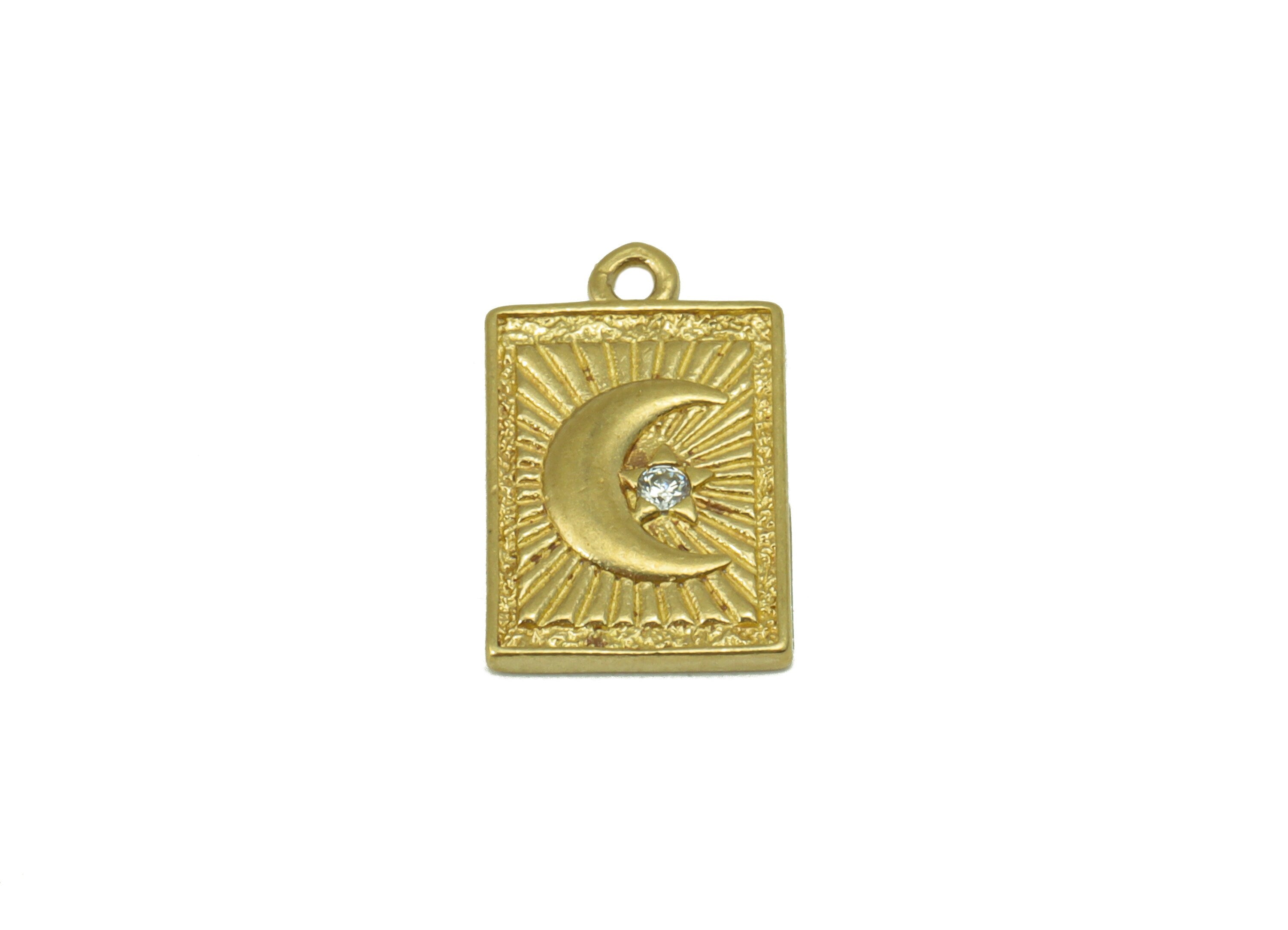 Brass Rectangle Charm - Raw Brass Crescent CZ Pendant - Textured Cubic Zirconia Star Earring Charm - For Necklace -14x 8.68x 1.35mm - PP8531 - DOMEDBAZAAR