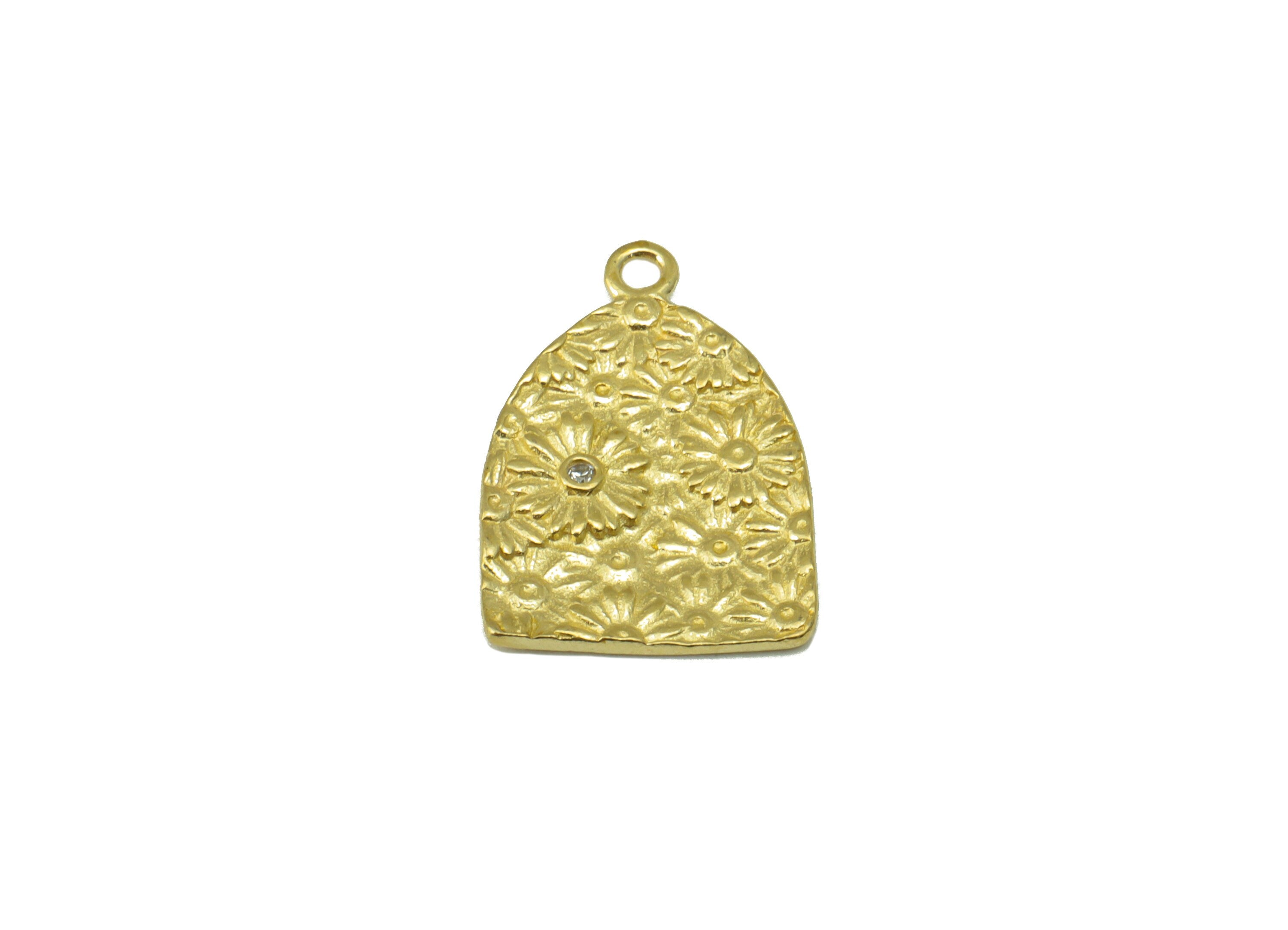 Brass Domed Charm - Raw Brass Daisy CZ Pendant - Textured Cubic Zirconia Flower Earring Charm - For Necklace -17.22x 11.98 x 1.28mm - PP8534 - DOMEDBAZAAR