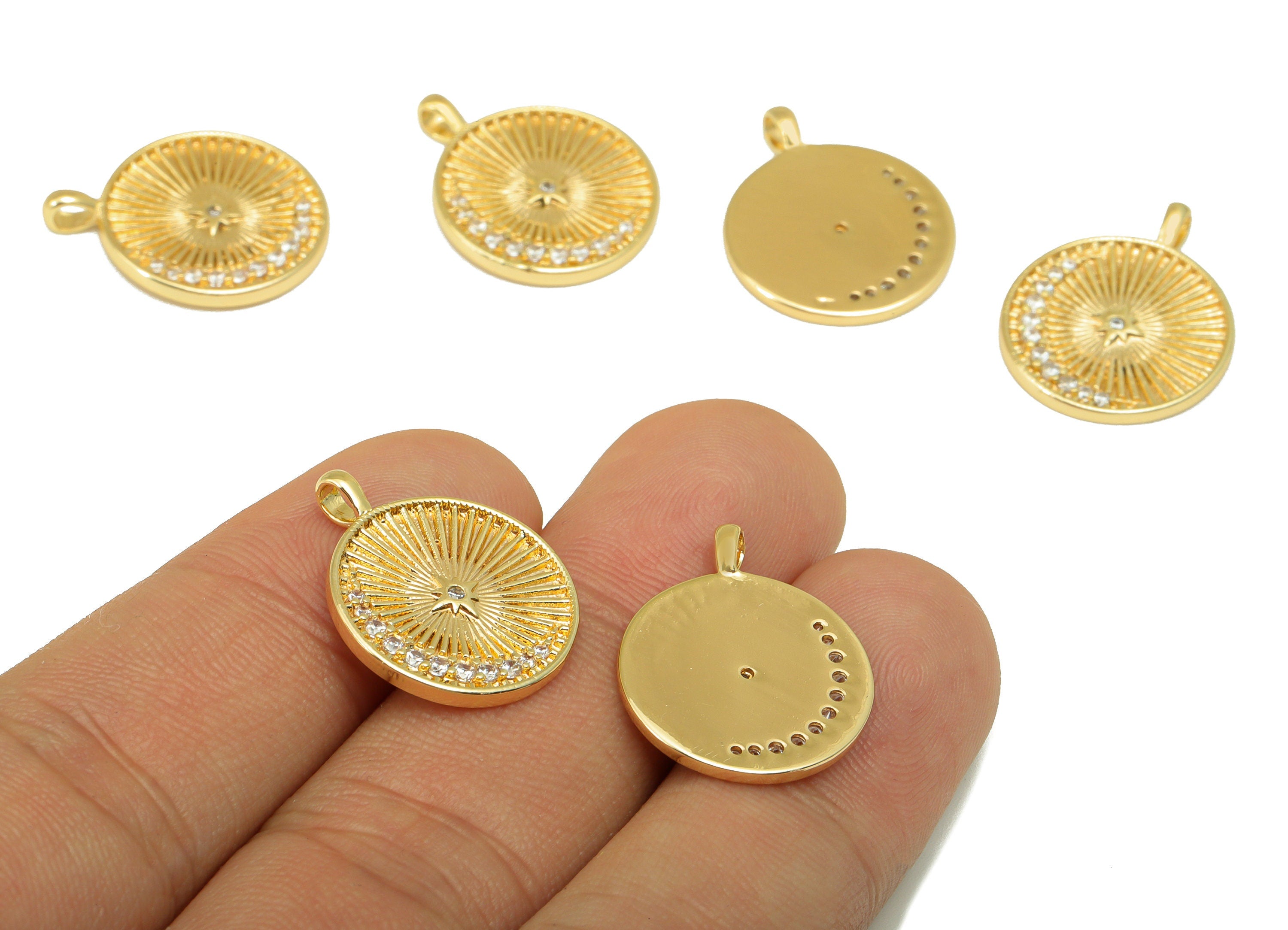 Brass Round Earring Charm -Cubic Zircon Sun Textured Crescent - Moon North Star Pendant -For Necklace-18K Real Gold Plated-21x17x2mm-RGP6492 - DOMEDBAZAAR