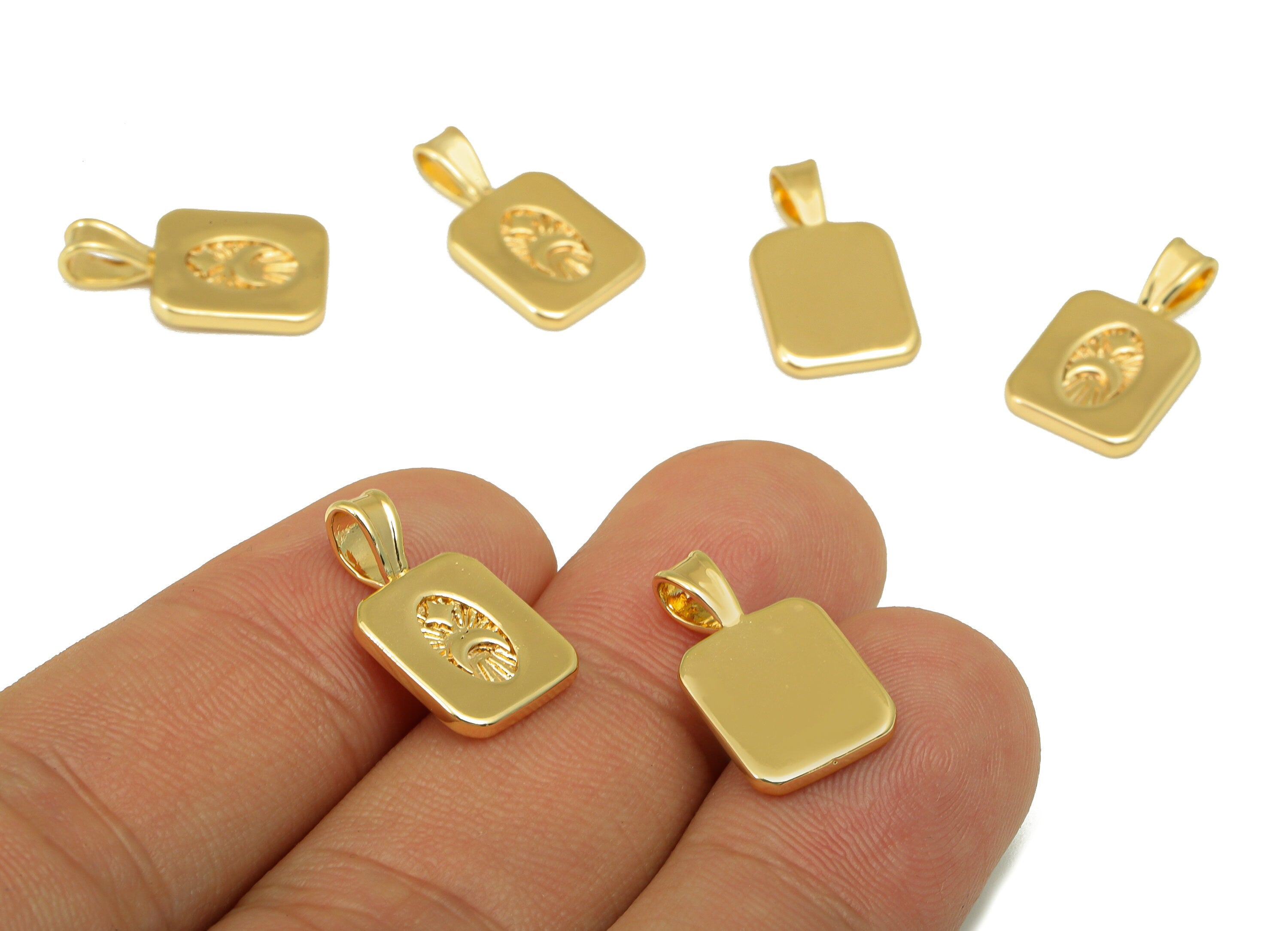 Brass Oval Rectangle Earring Charm - Textured Crescent Charm - Moon Star Pendant - For Necklace -18K Real Gold Plated -18x10x2mm- RGP6511 - DOMEDBAZAAR