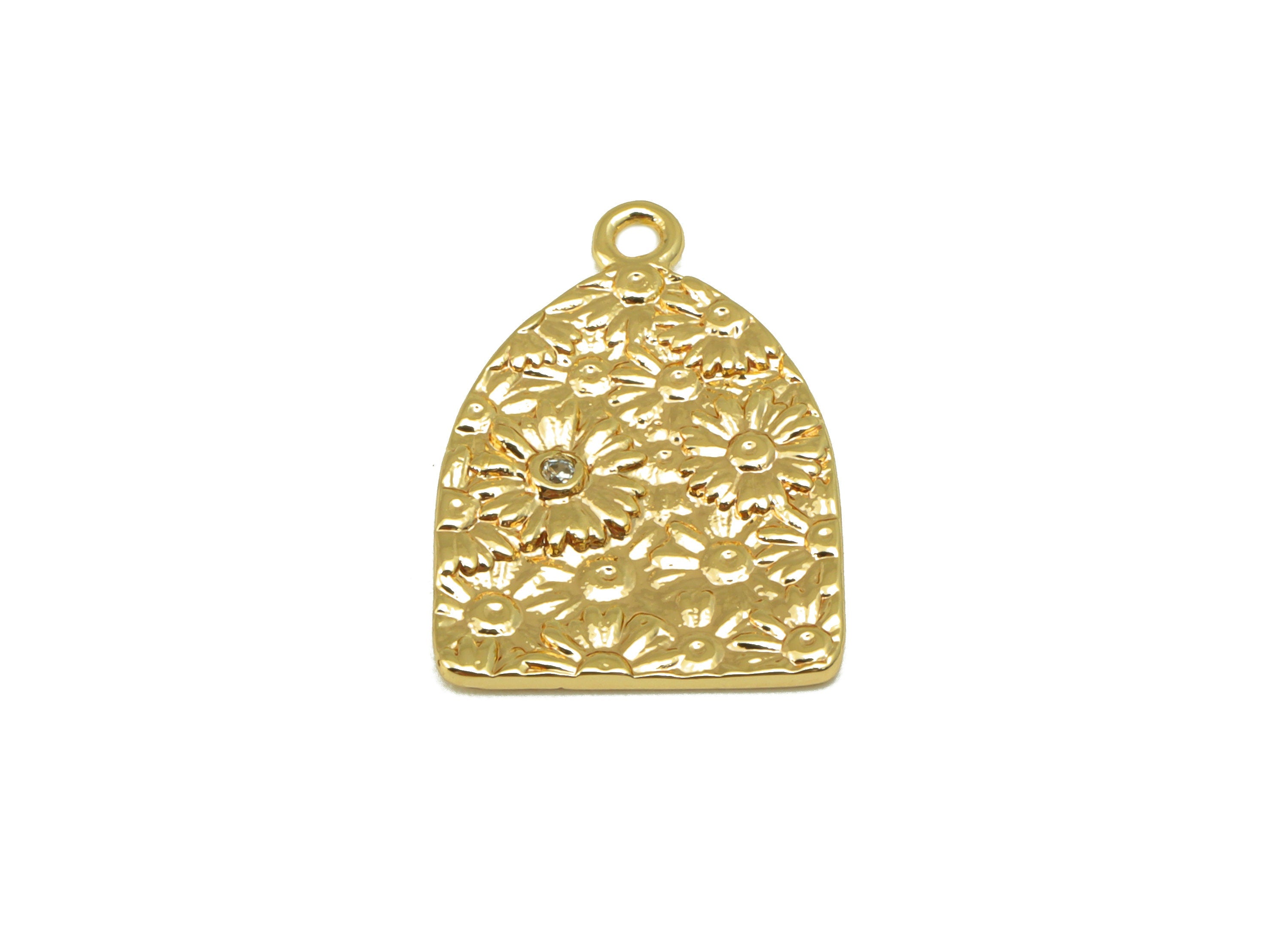 Brass Domed Earring Charm - Cubic Zircon Textured Flower Charm -Daisy CZ Pendant - For Necklace -18K Real Gold Plated -17x12x1.22mm- RGP6513 - DOMEDBAZAAR