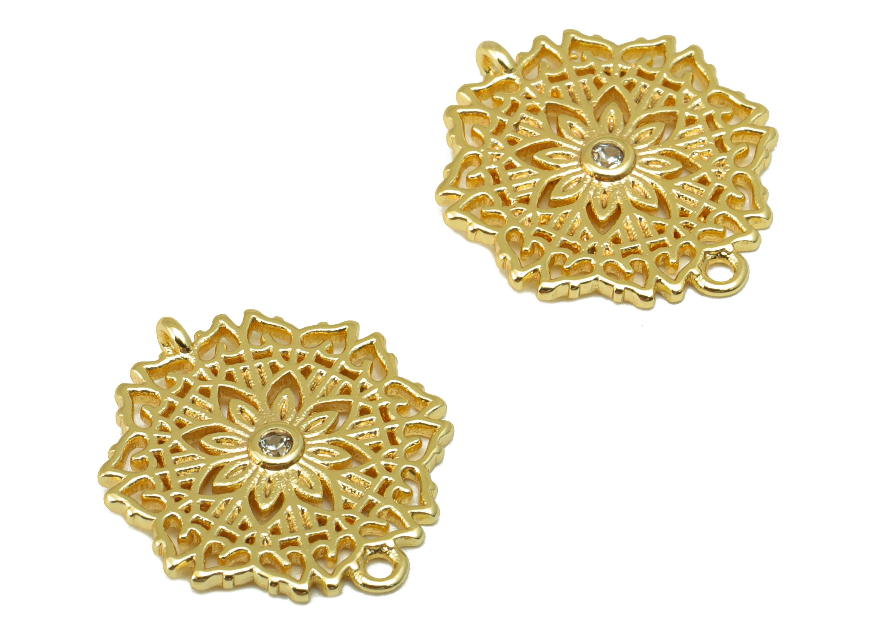 Brass Flower Connector - Brass Cubic Zirconia Earring Charm - Lotus Hollow Pendant - For Necklace - 18K Real Gold Plated -17x14x1mm- RGP6517 - DOMEDBAZAAR