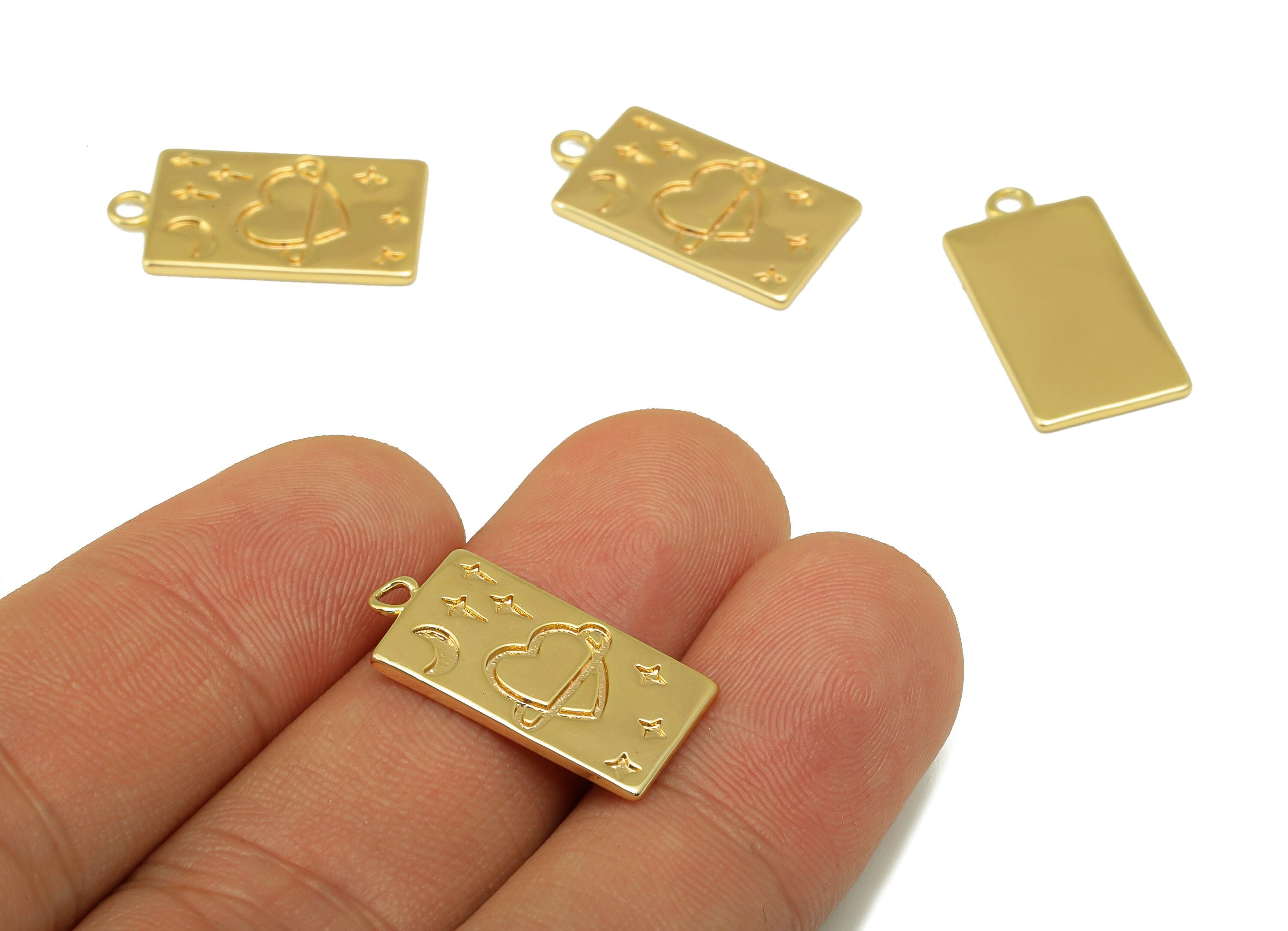 Brass Rectangle Earring Charm - Brass Crescent Star Charm - Surround Heart Pendant- For Necklace - 18K Real Gold Plated -22x11x1mm- RGP6534 - DOMEDBAZAAR