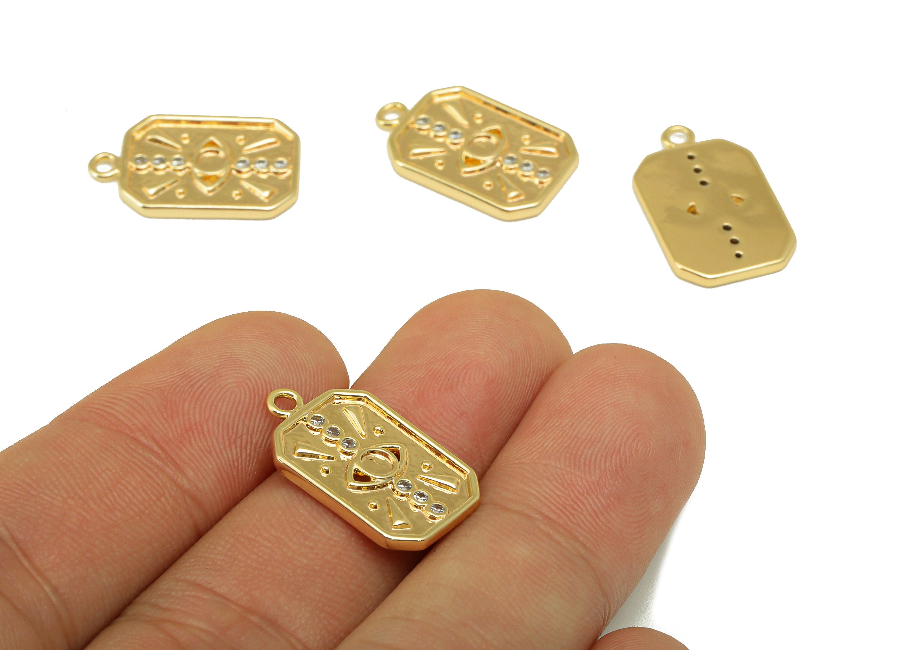 Brass Octagon Earring Charm - Eye Cubic Zircon Signs Dot Charm - Triangle CZ Pendant - For Necklace - 18K Real Gold Plated-20x13x1mm-RGP6574 - DOMEDBAZAAR