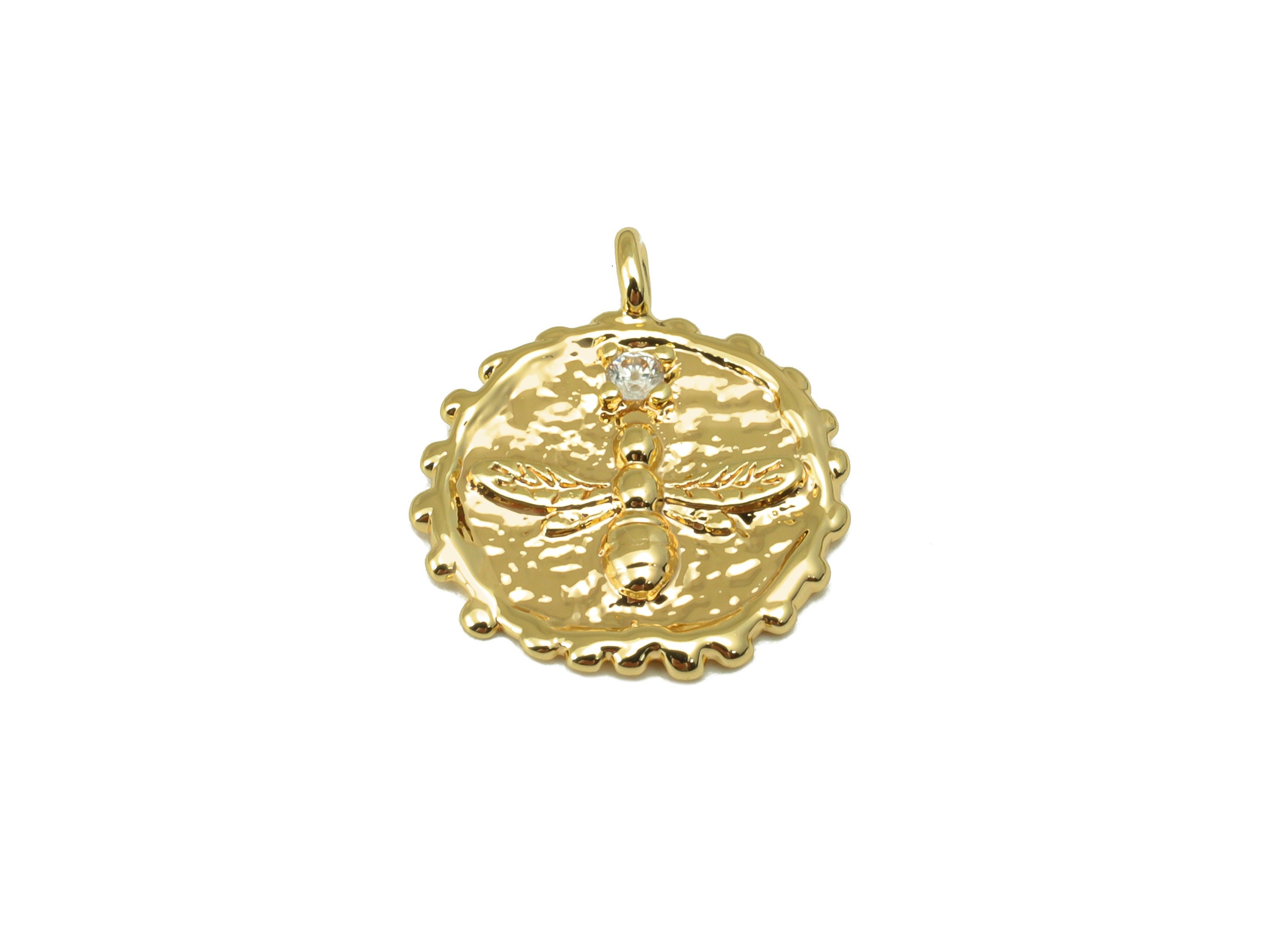 Brass Bee Earring Charm - Hammered Cubic Zircon Charm - Animal CZ Pendant - For Necklace - 18K Real Gold Plated -15x13x1.31mm - RGP6575 - DOMEDBAZAAR