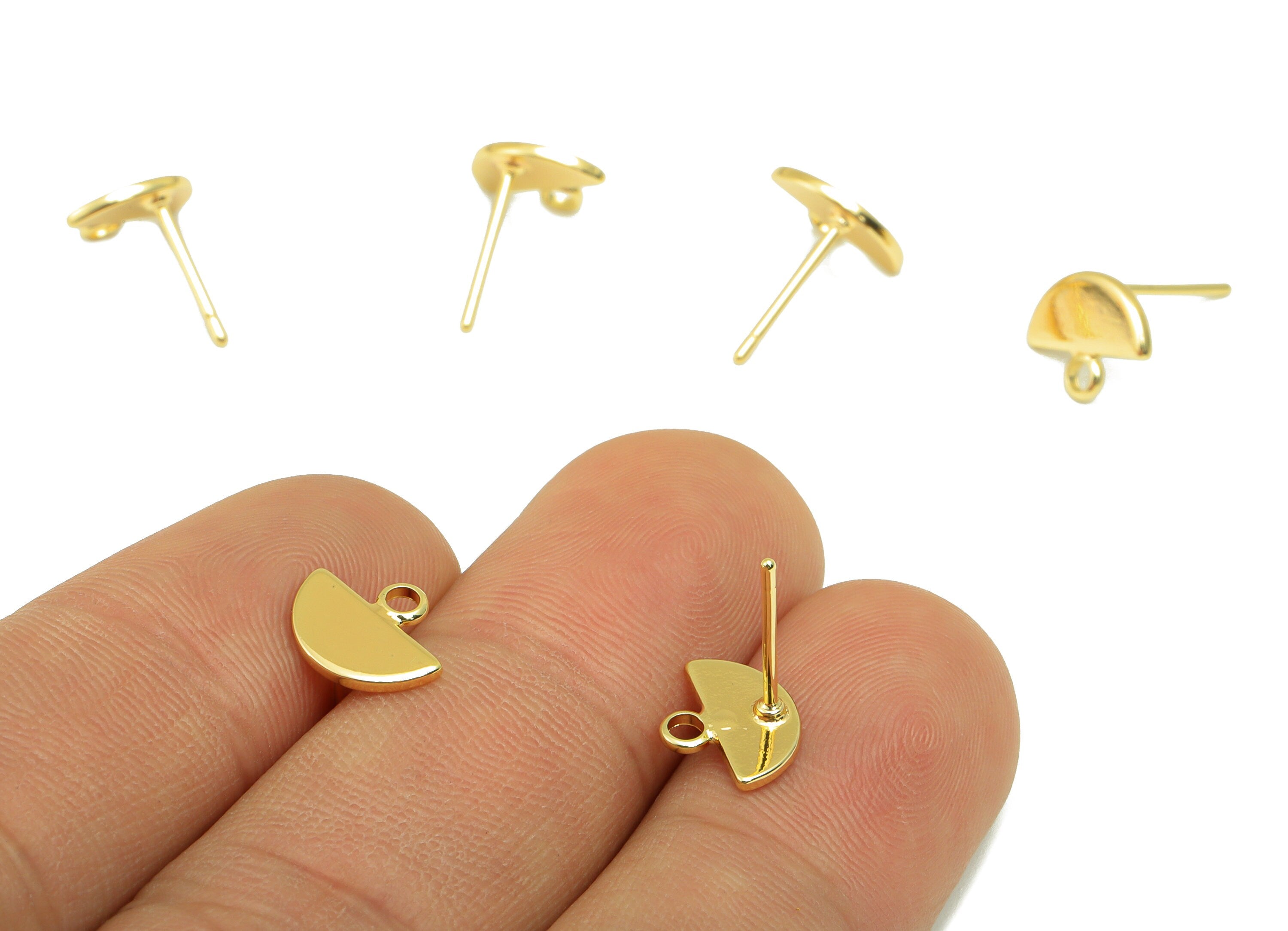 Brass Half Circle Earring Post - Brass Half Moon Earring Stud With Loop- 18K Real Gold Plated- Jewelry Supplies - 10x5x1mm- RGP1084- RGP1804 - DOMEDBAZAAR