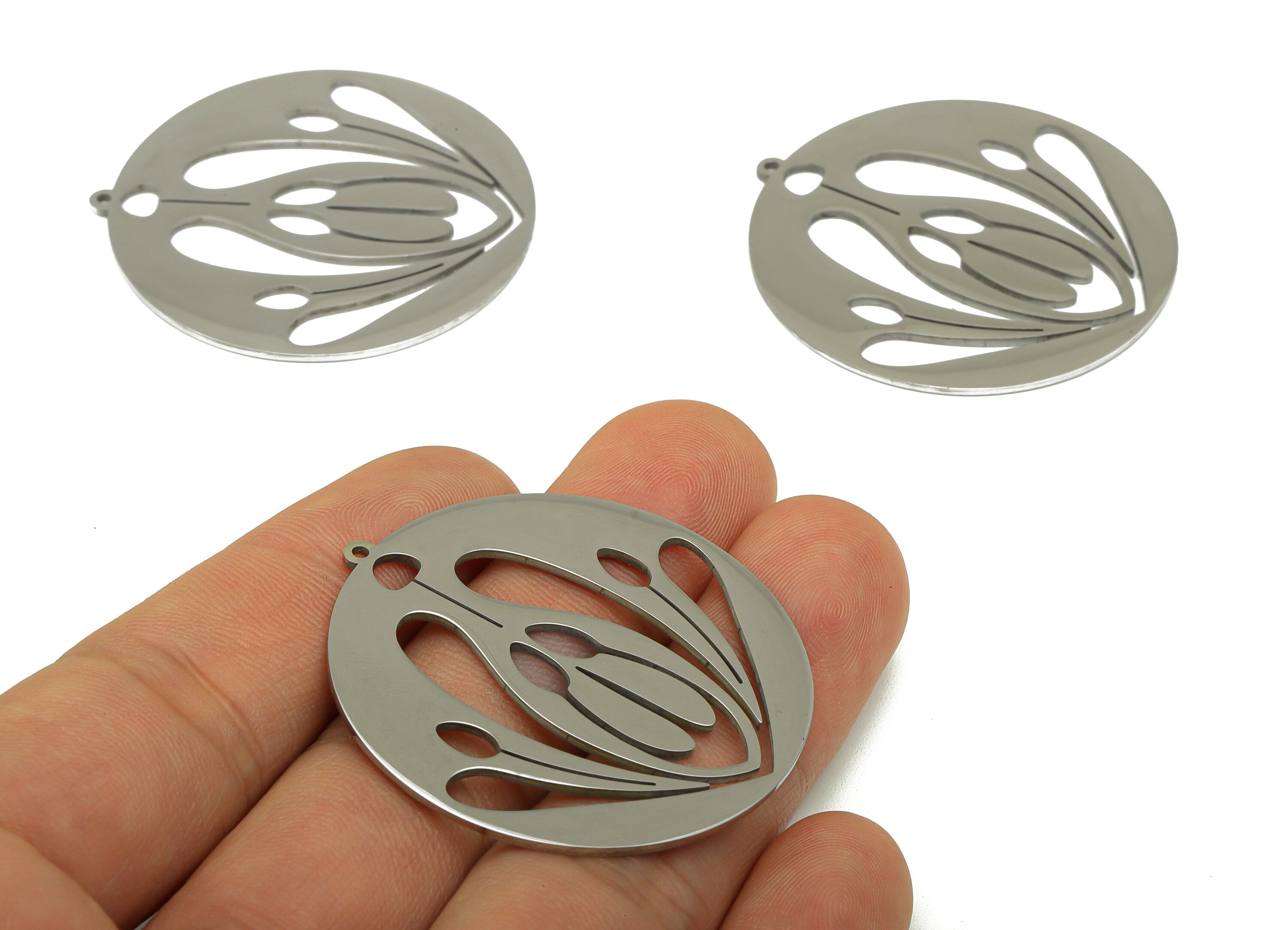 Stainless Steel Round Earring Charm - Flower Circle Pendant - Lotus For Necklace -201 Stainless Steel Earring Charm -42x40x1.14mm- SS1419 - DOMEDBAZAAR