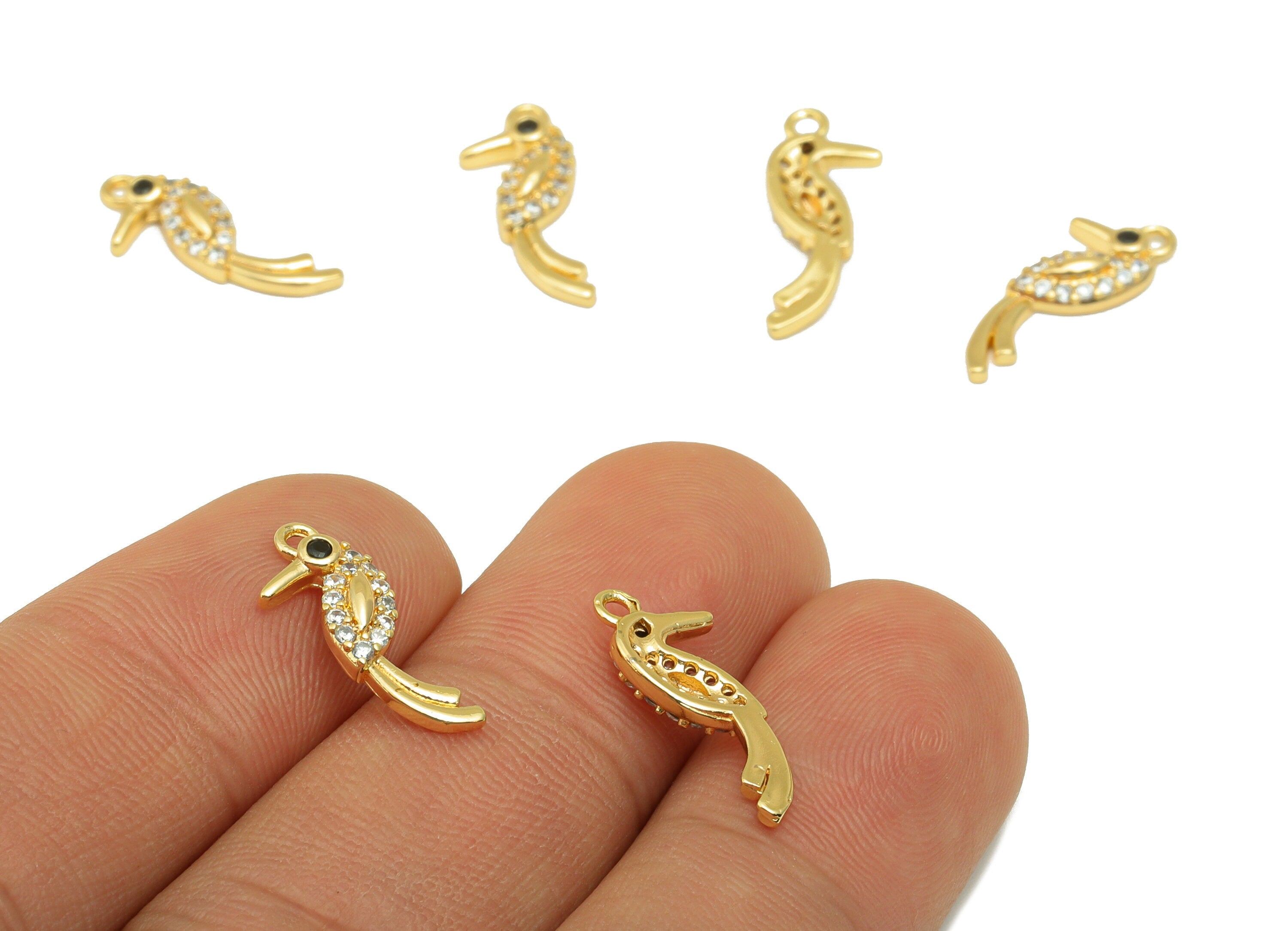 Brass Bird Earring Charm - Woodpecker Cubic Zircon Charm - Mini Seahorse CZ Pendant - For Necklace - 18K Real Gold Plated -17x7x2mm-RGP4092 - DOMEDBAZAAR