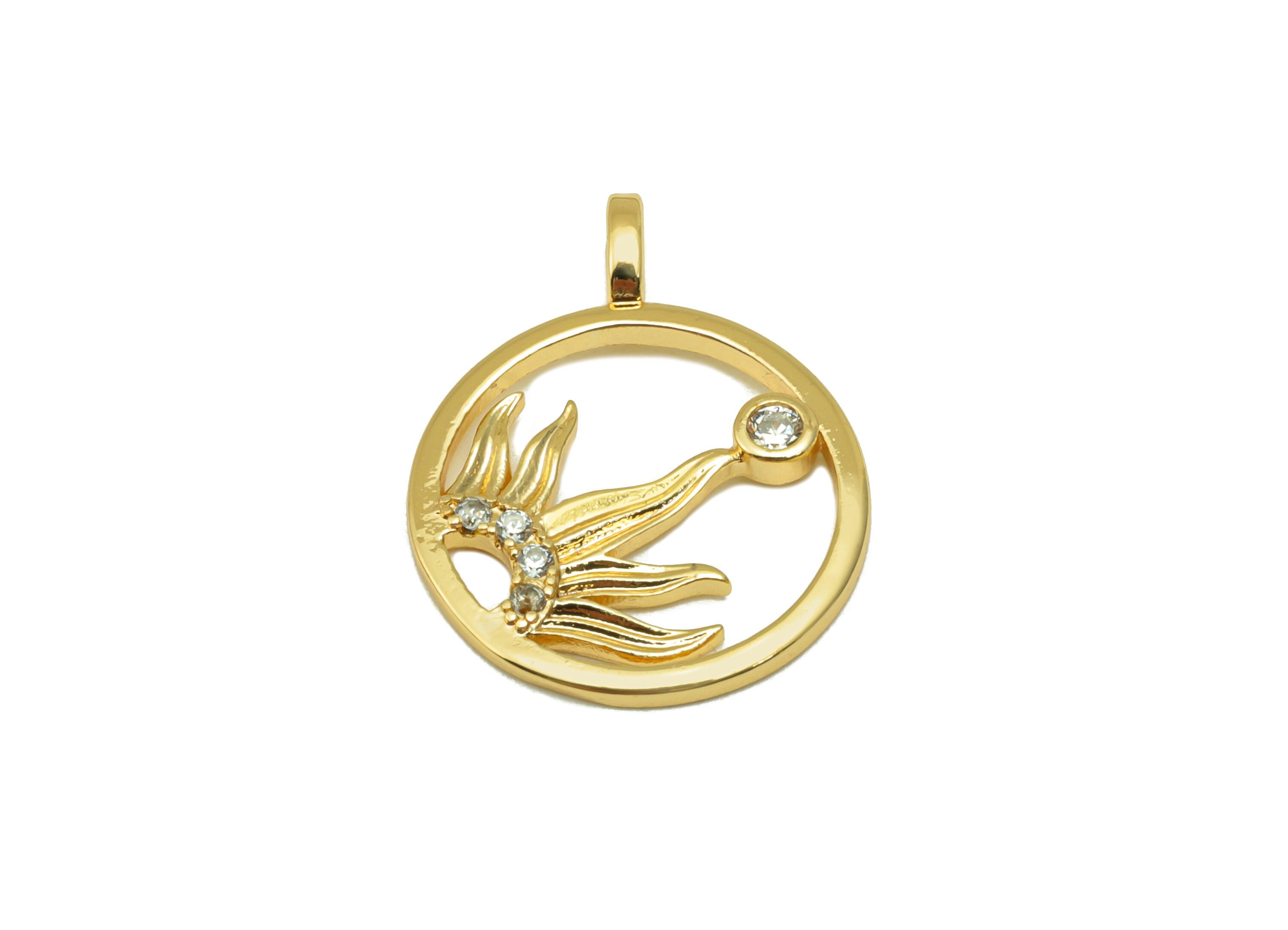 Brass Round Earring Charm -Brass Leaf Cubic Zircon Charm - Mini Half Sun CZ Pendant - For Necklace - 18K Real Gold Plated -20x15x2mm-RGP4191 - DOMEDBAZAAR