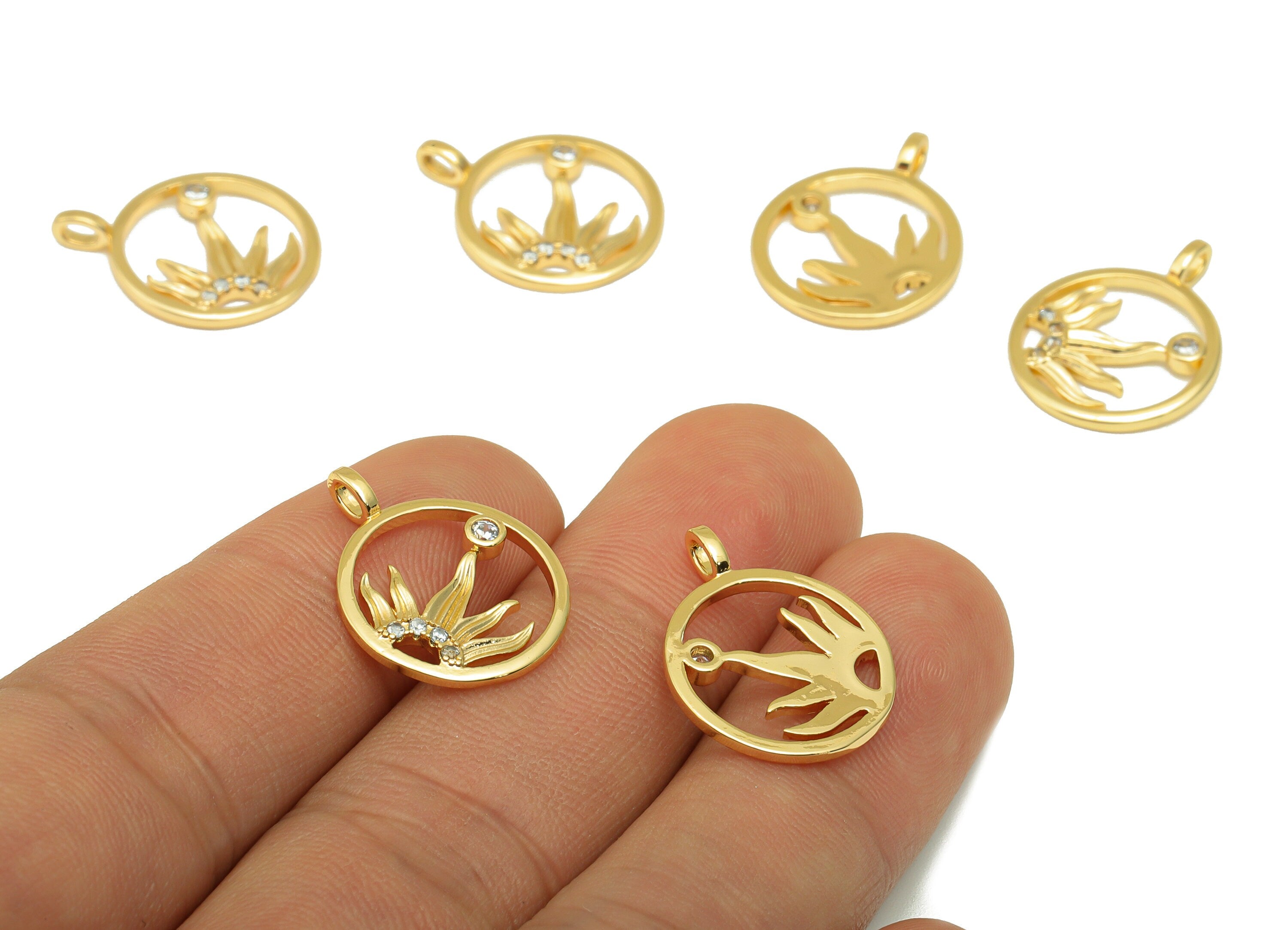 Brass Round Earring Charm -Brass Leaf Cubic Zircon Charm - Mini Half Sun CZ Pendant - For Necklace - 18K Real Gold Plated -20x15x2mm-RGP4191 - DOMEDBAZAAR