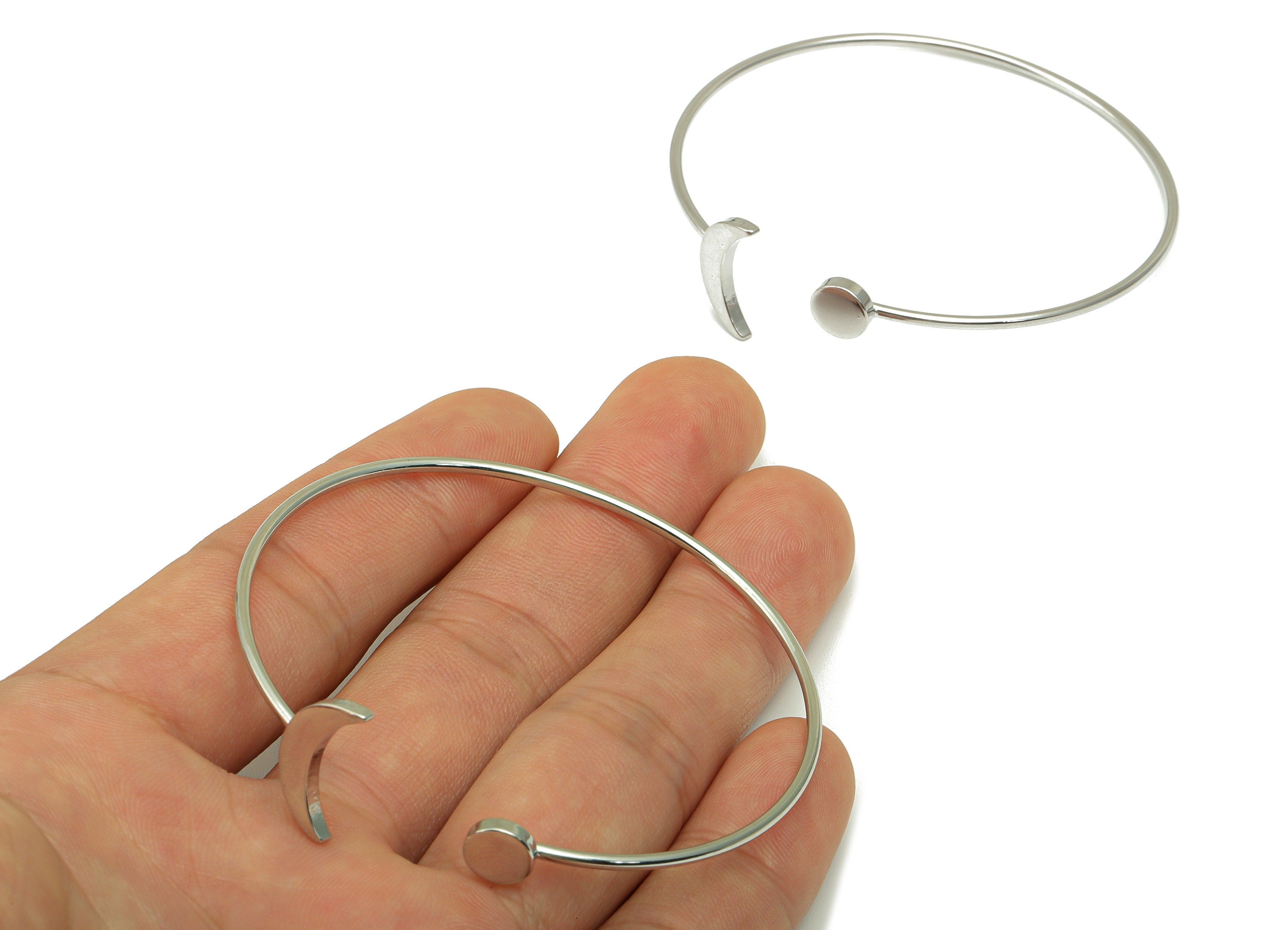 Brass Silver Wire Bracelet - Crescent Wire Bracelet -Crescent Bracelet- Adjustable Bracelet - 18K White Real Gold Plated-61x60x1mm- RGP6586S - DOMEDBAZAAR