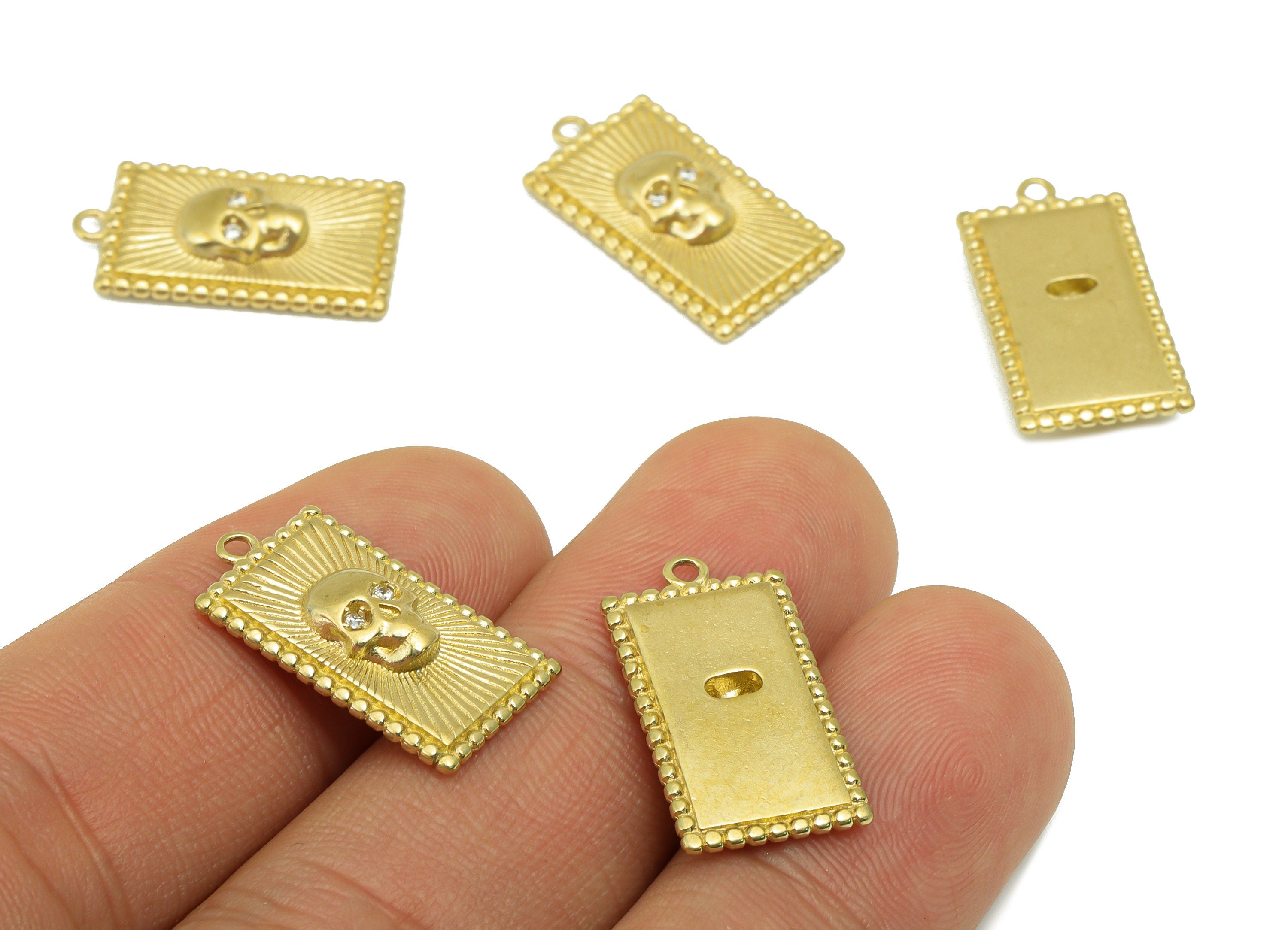 Brass Rectangle Skull Pendant - Textured Brass - Cubic Zircon - Jewelry Supplies -21.1 x 11.3 x 3.6mm-PP8463 - DOMEDBAZAAR